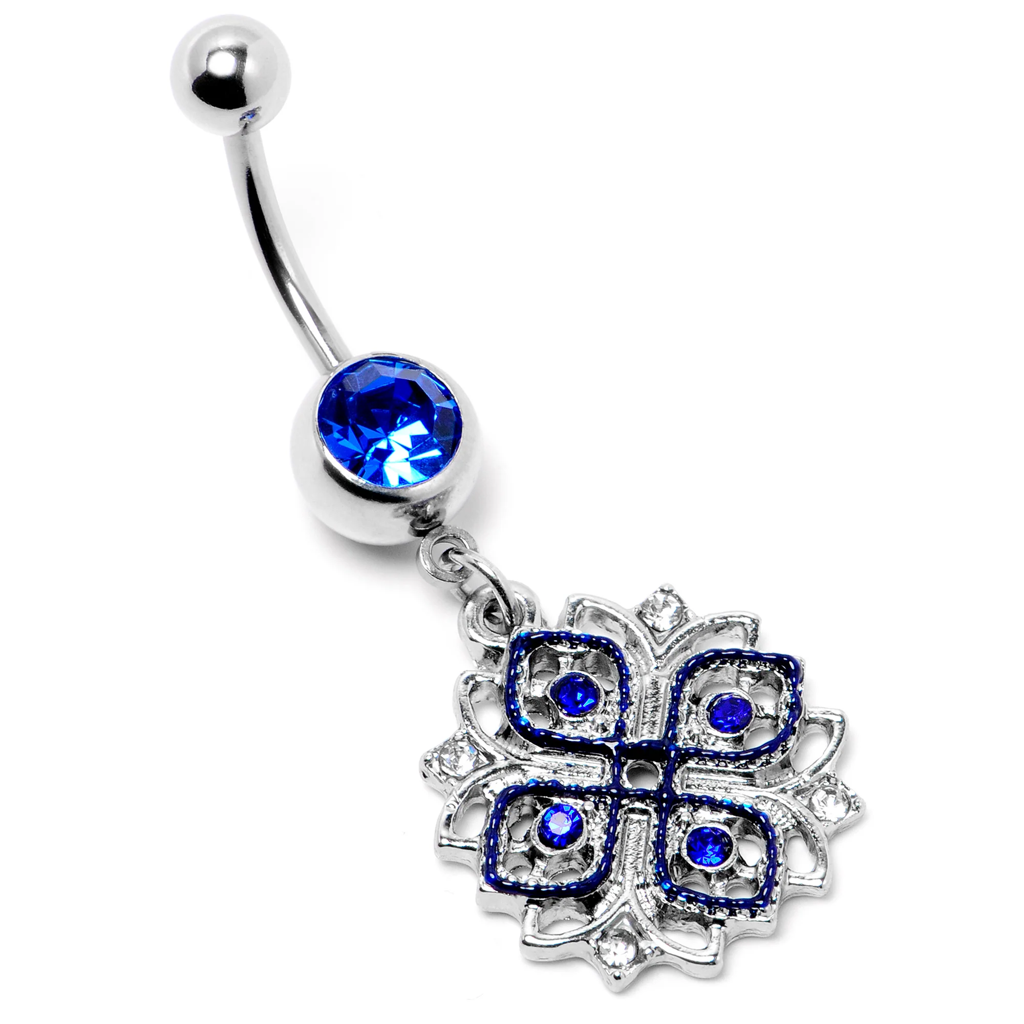 Clear Blue Gem Embellished Cross Dangle Belly Ring - Image 4