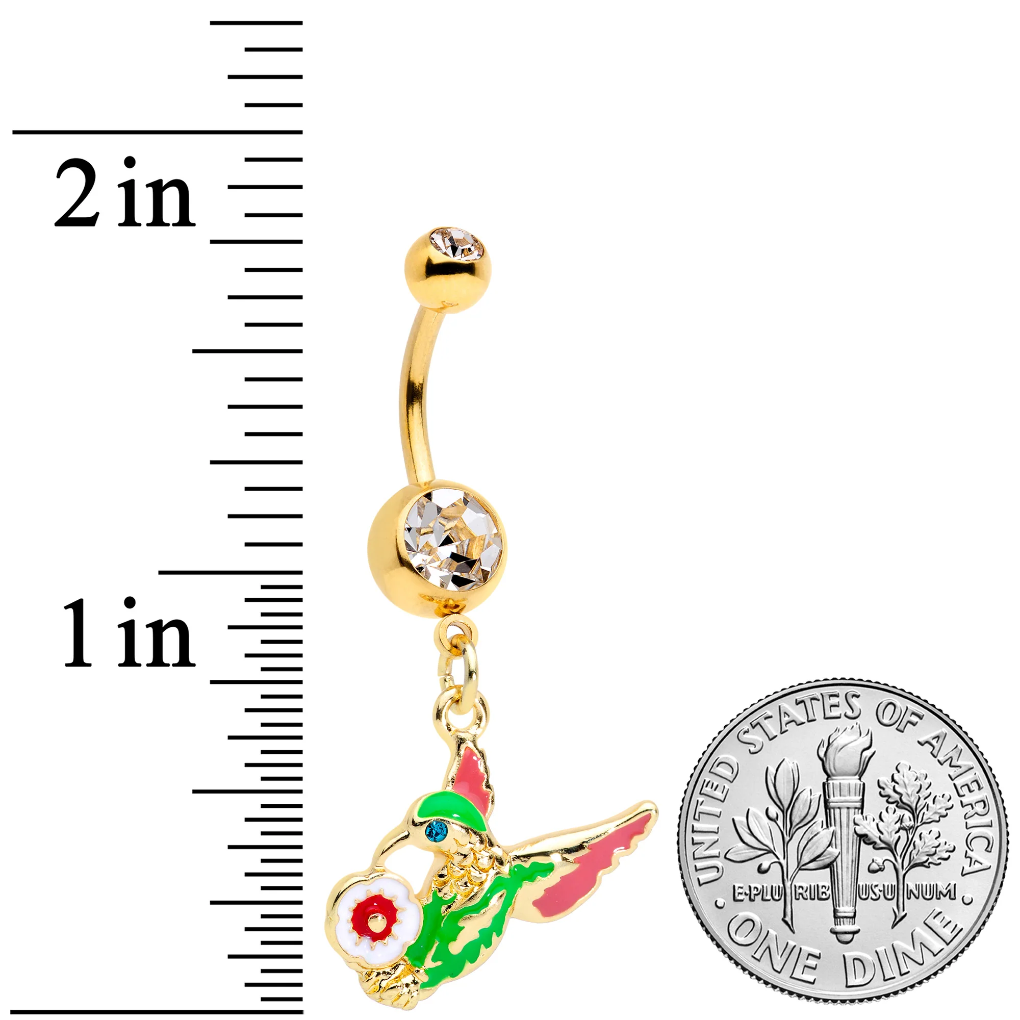 Clear Blue Gem Gold Tone Flower Hummingbird Dangle Belly Ring - Image 2