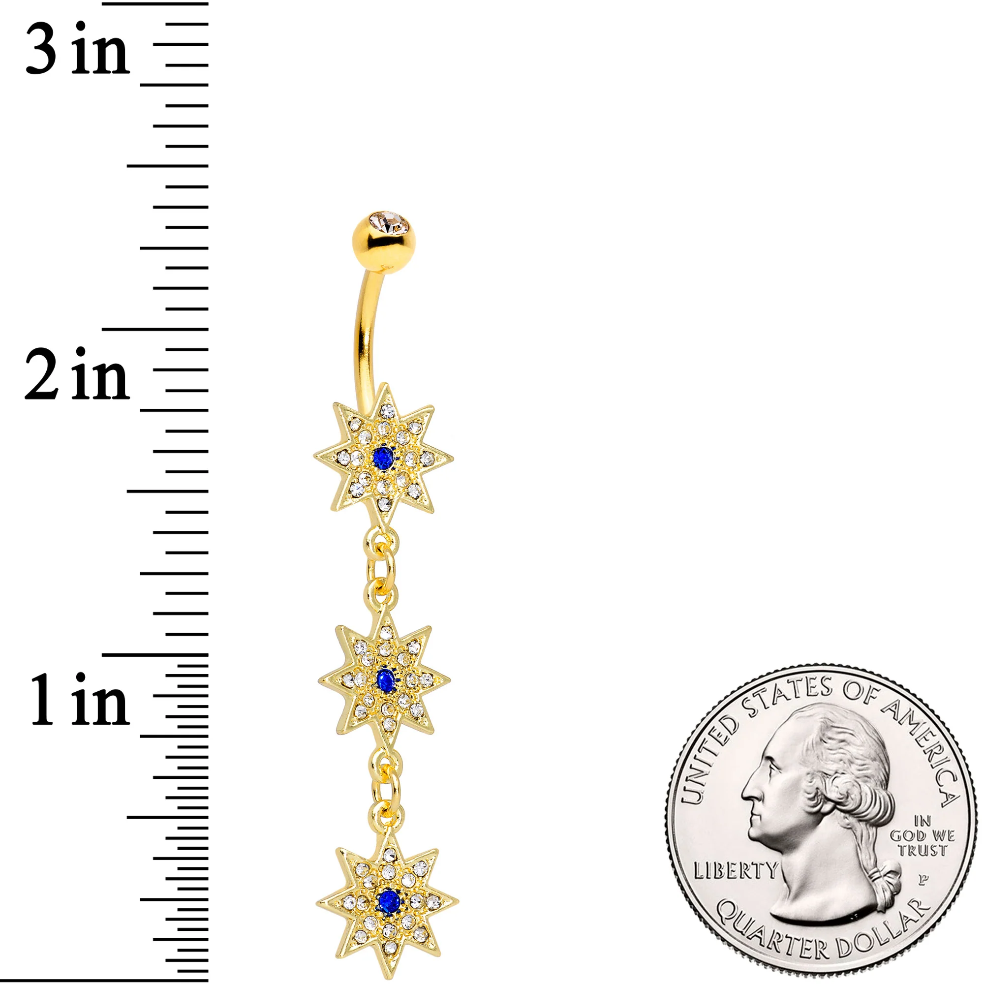Clear Blue Gem Gold Tone Triple Star Dangle Belly Ring - Image 2