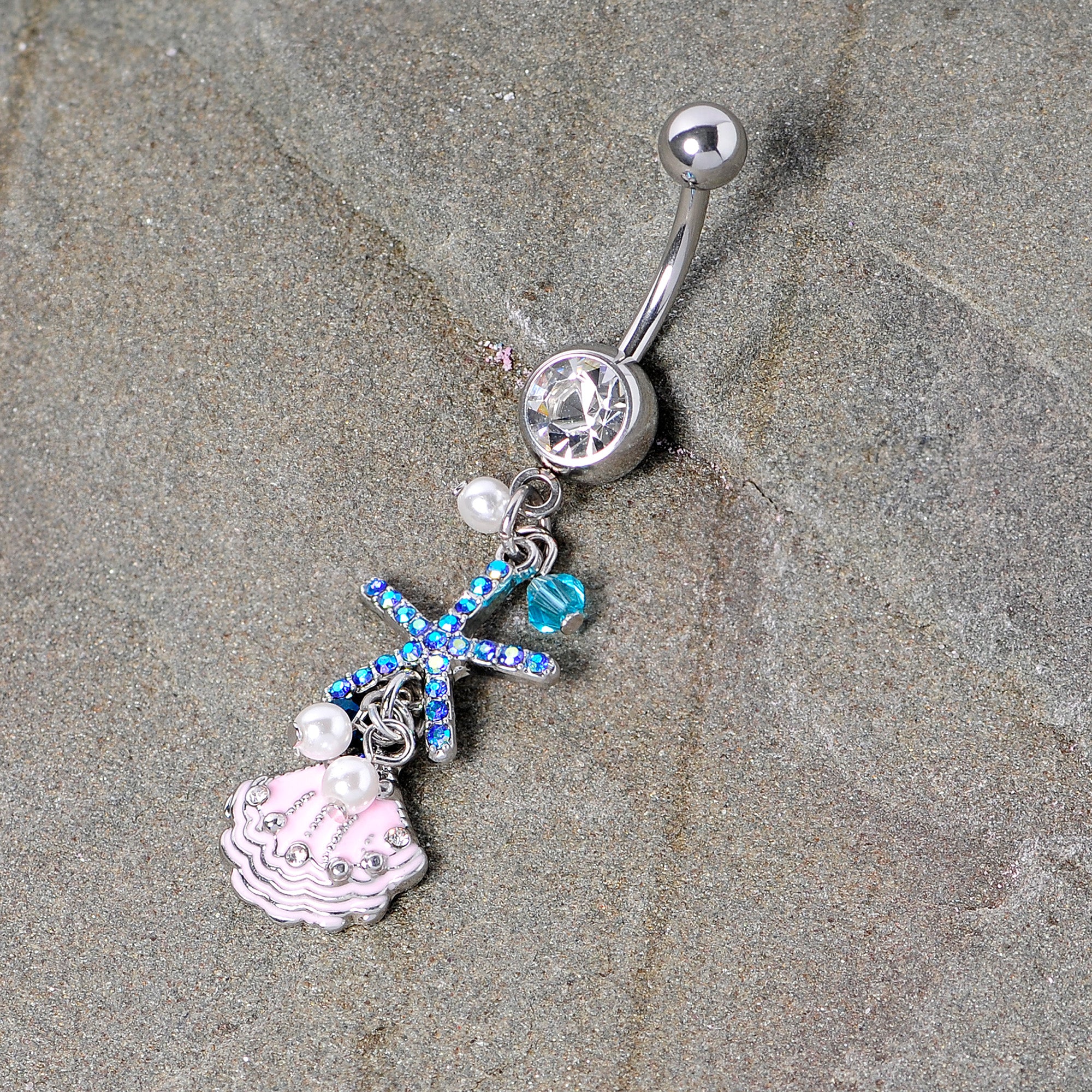 Clear Blue Gem Ocean Treasure Nautical Dangle Belly Ring - Image 2