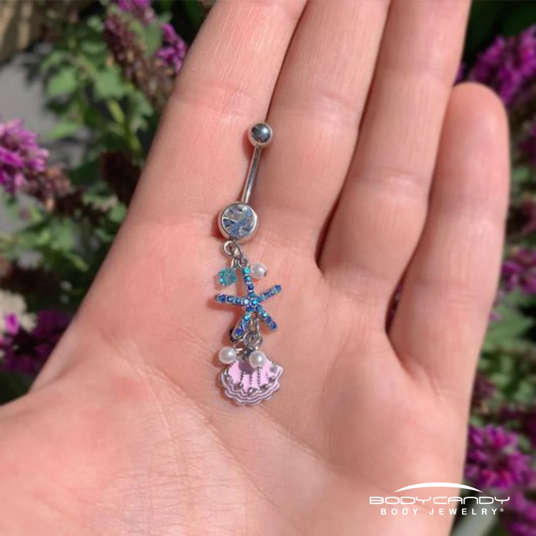 Clear Blue Gem Ocean Treasure Nautical Dangle Belly Ring - Image 3