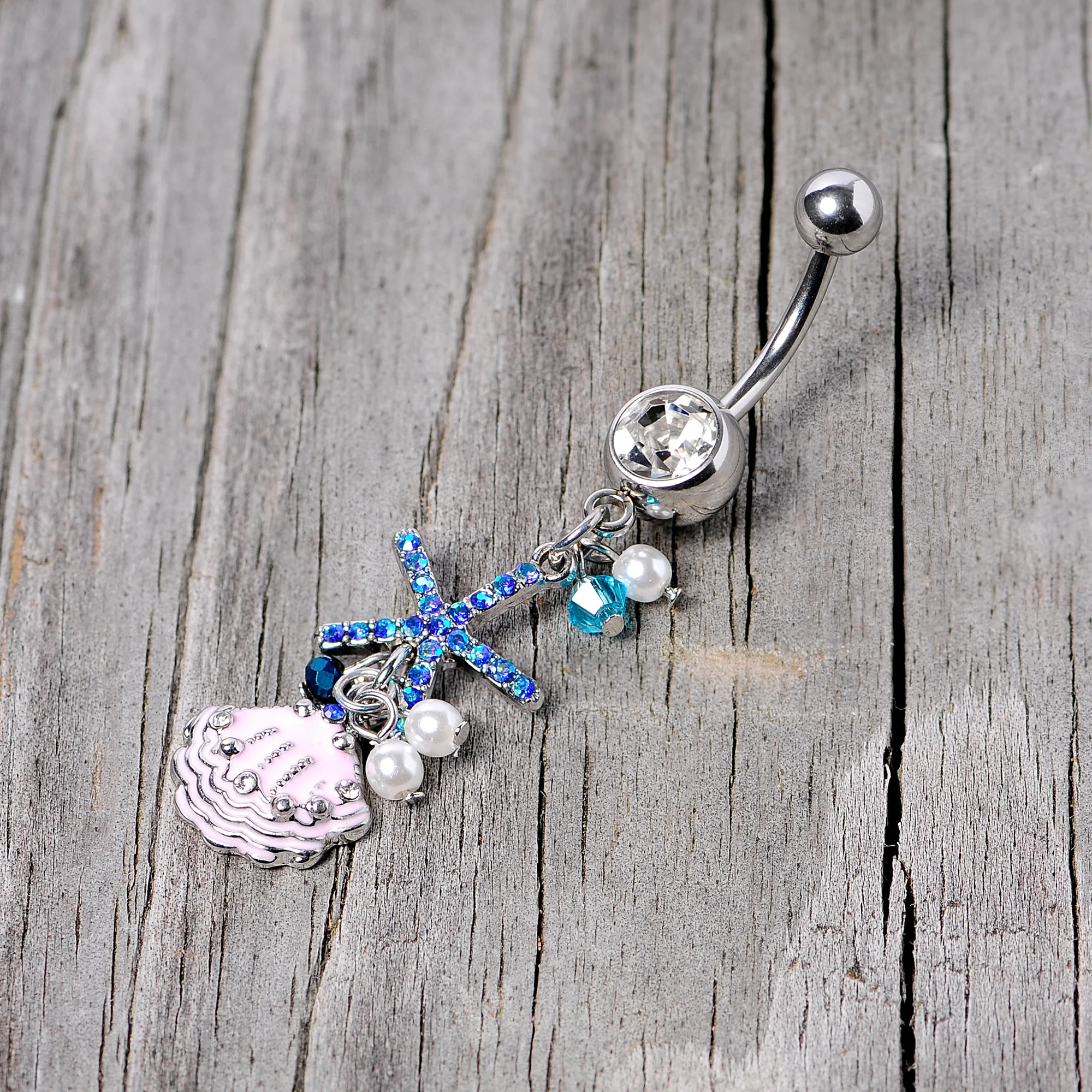 Clear Blue Gem Ocean Treasure Nautical Dangle Belly Ring - Image 4