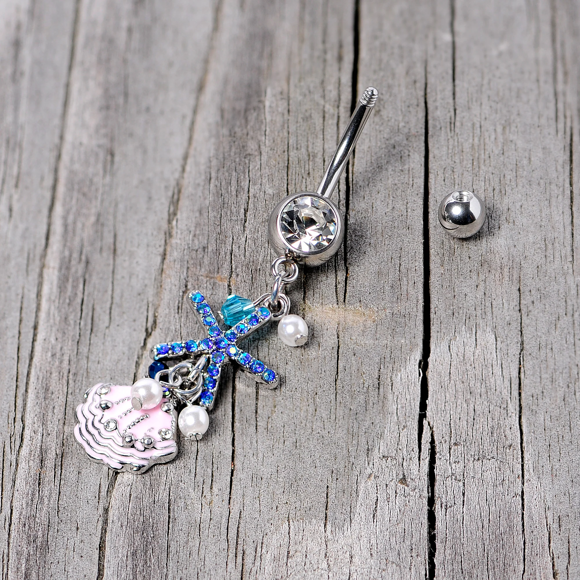 Clear Blue Gem Ocean Treasure Nautical Dangle Belly Ring - Image 5