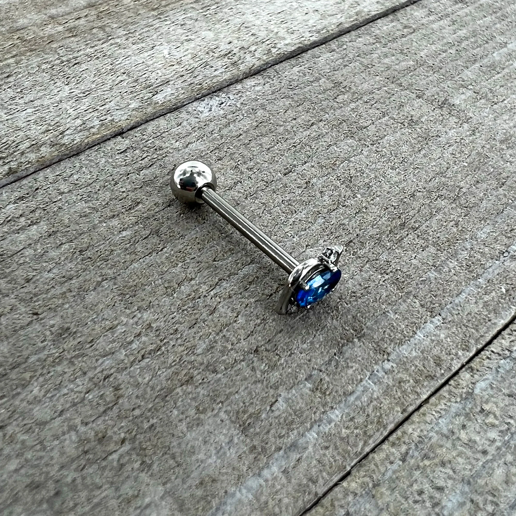 Clear Blue Gem Oval Swirl Barbell Tongue Ring - Image 5