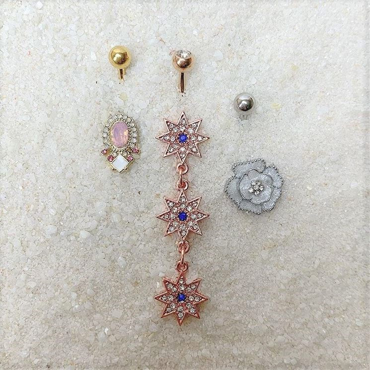 Clear Blue Gem Rose Gold Tone Triple Star Dangle Belly Ring - Image 2