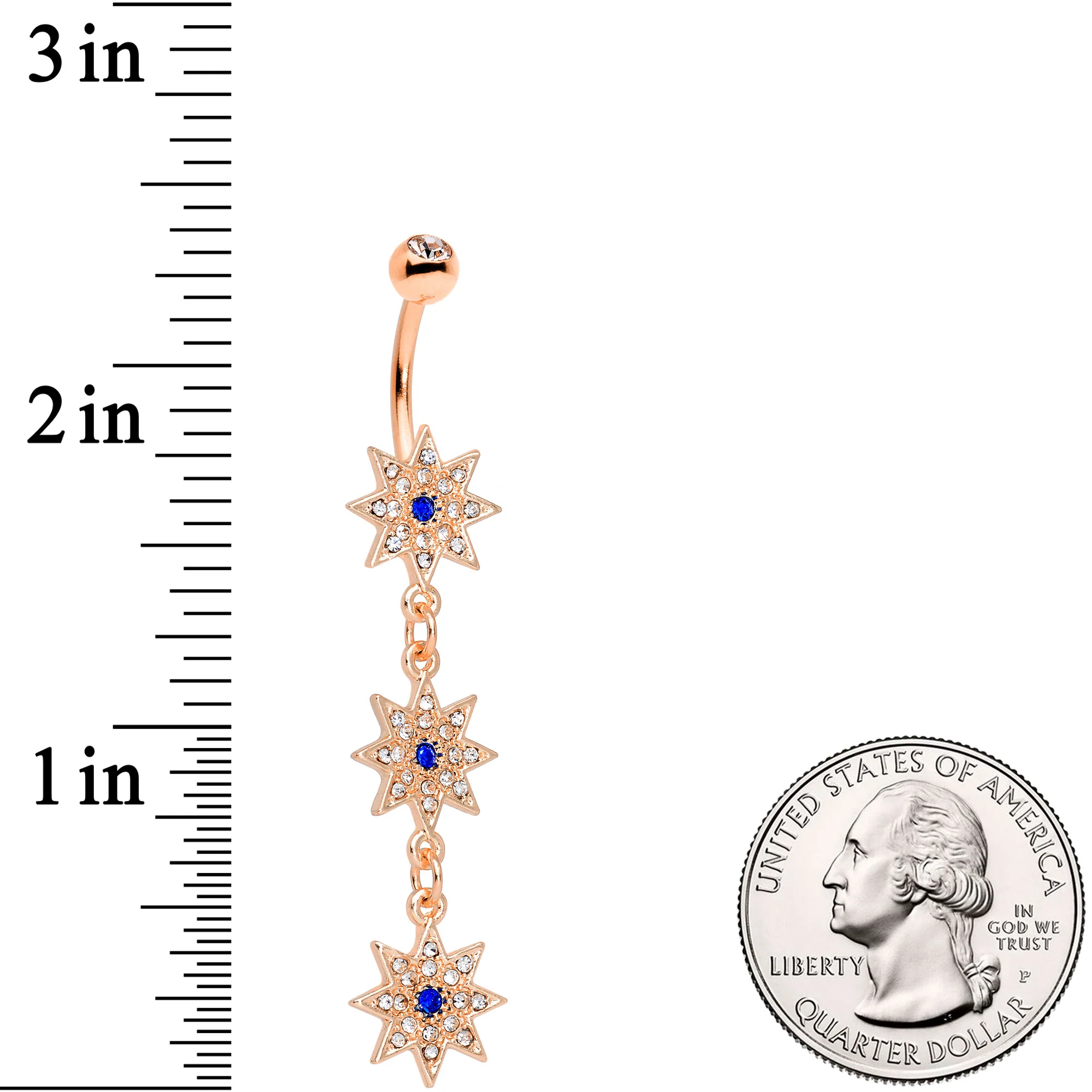 Clear Blue Gem Rose Gold Tone Triple Star Dangle Belly Ring - Image 3