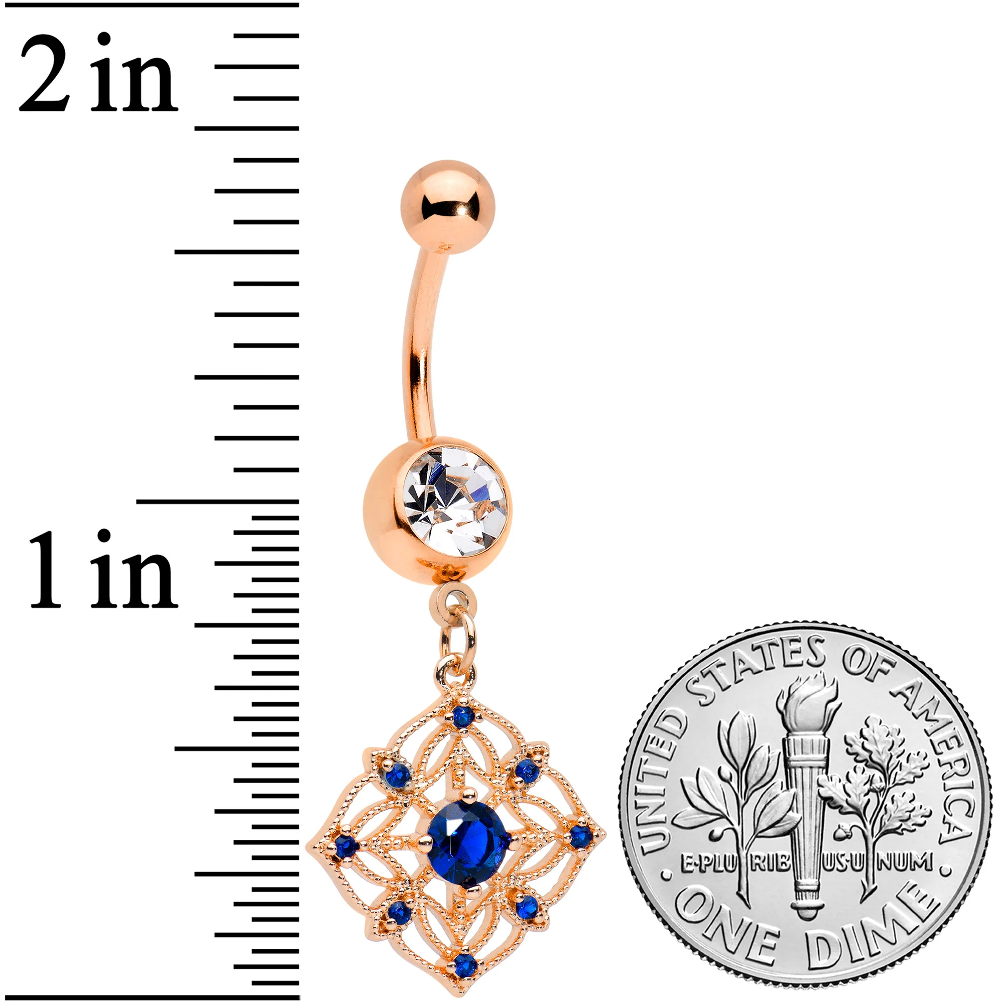 Clear Blue Gem Rose Gold Tone Wicked Web Dangle Belly Ring - Image 2
