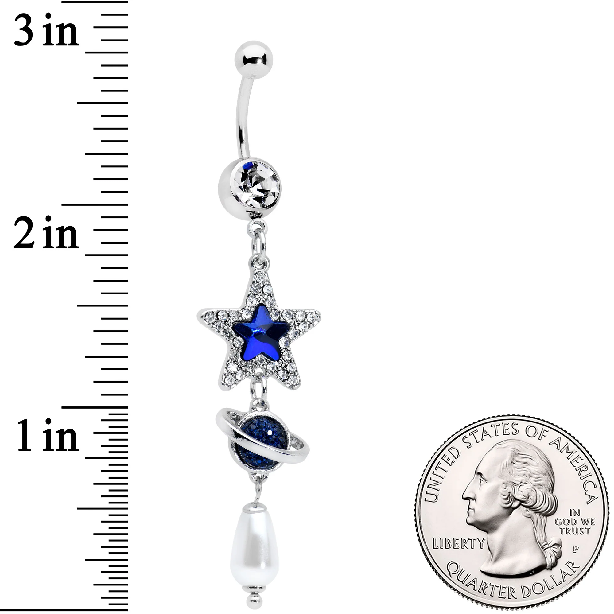 Clear Blue Gem Star Saturn Pearlescent Dangle Belly Ring - Image 2