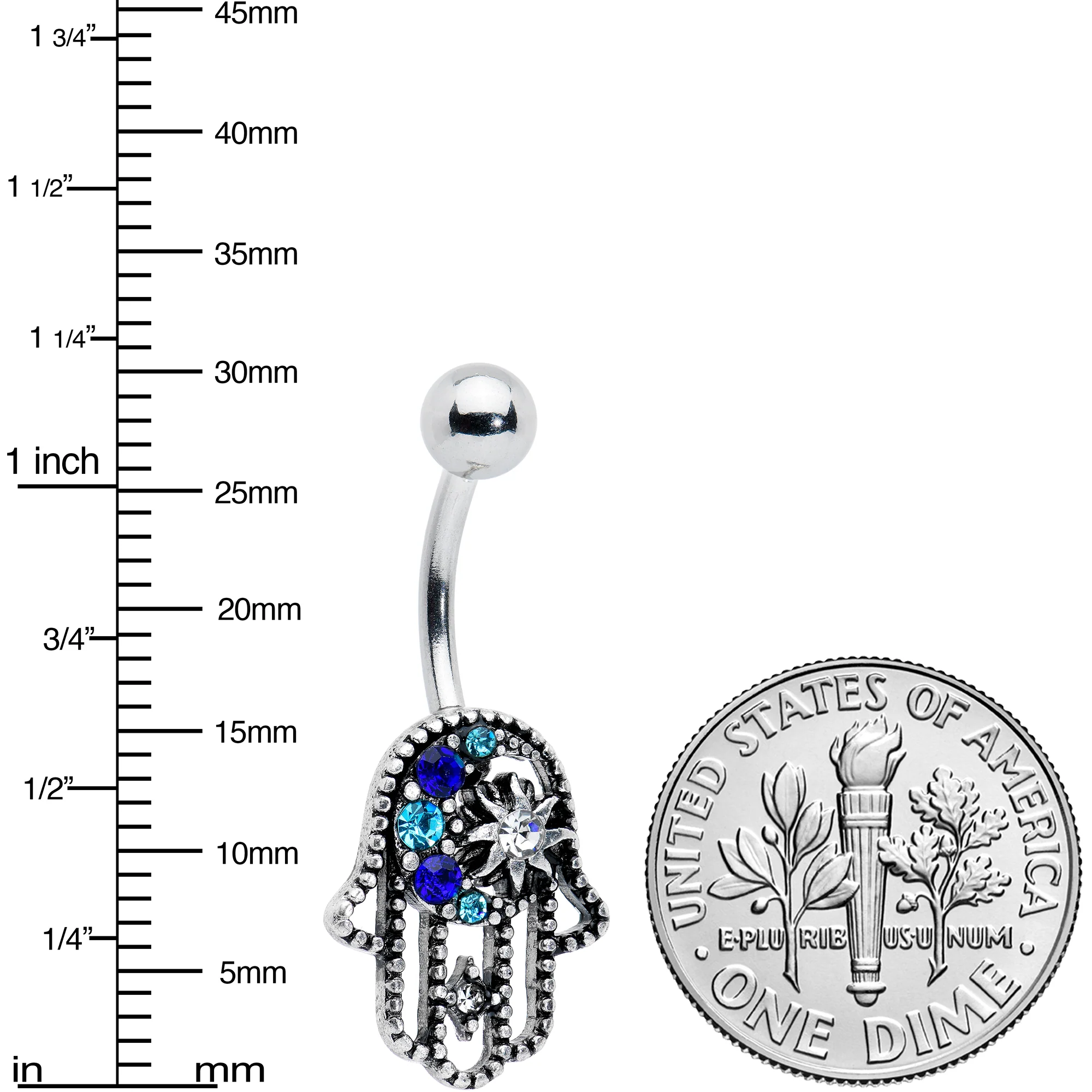 Clear Blue Gem Textured Hamsa Hand Belly Ring - Image 2