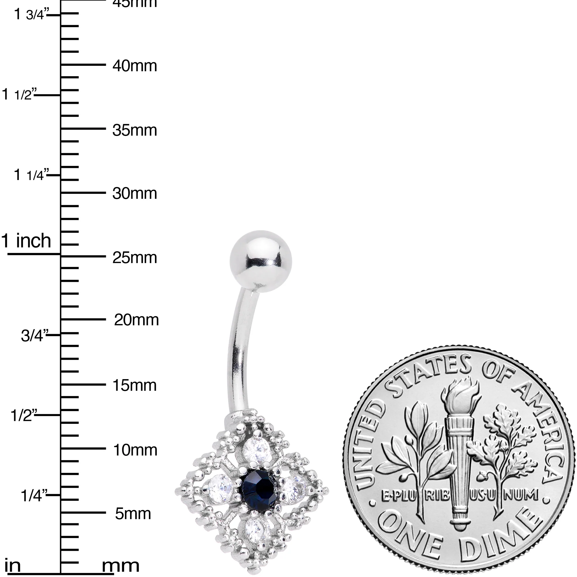 Clear Blue Gem Textured Rhombus Cross Belly Ring - Image 2