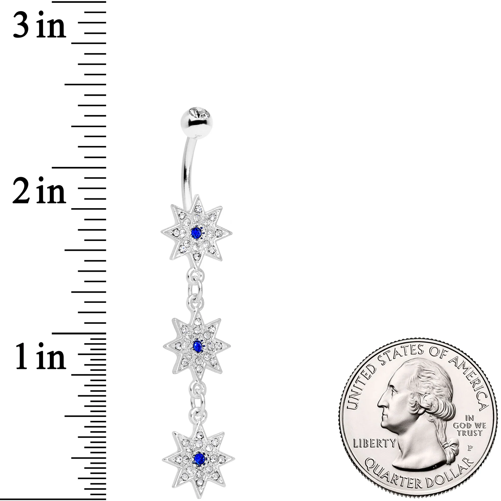 Clear Blue Gem Triple Star Dangle Belly Ring - Image 2