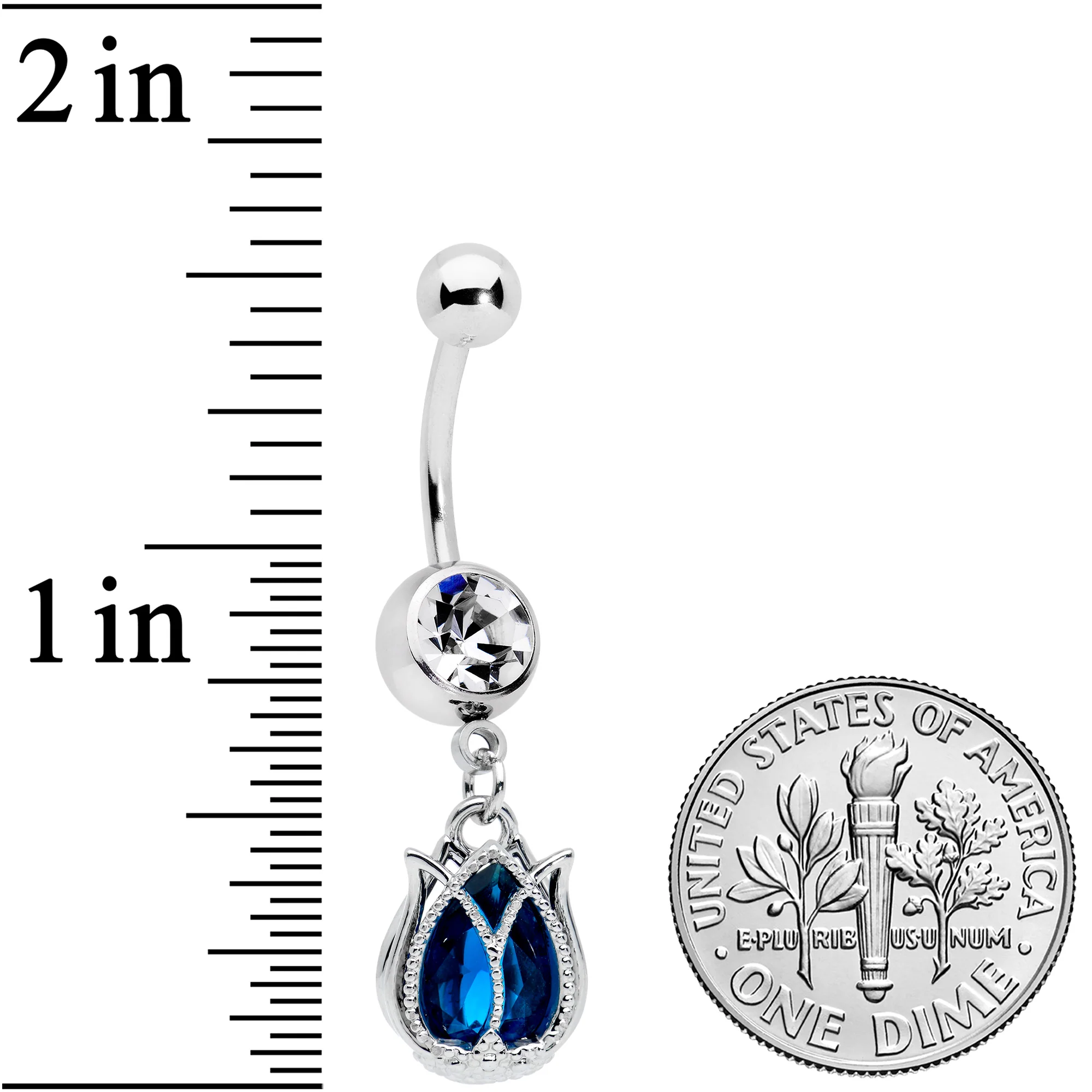 Clear Blue Gem Tulip Petal Flower Dangle Belly Ring - Image 2