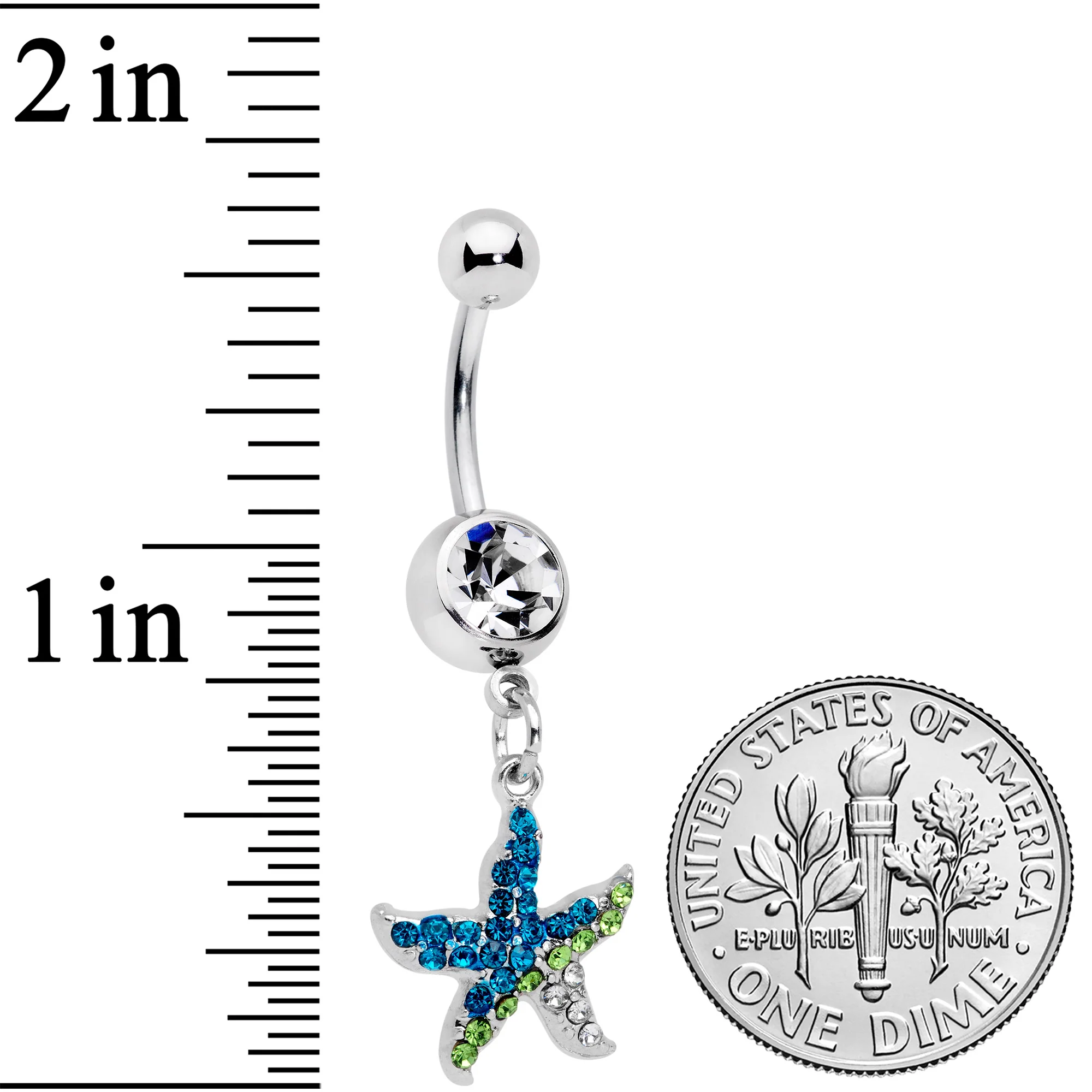 Clear Blue Green Gem Glam Starfish Dangle Belly Ring - Image 2