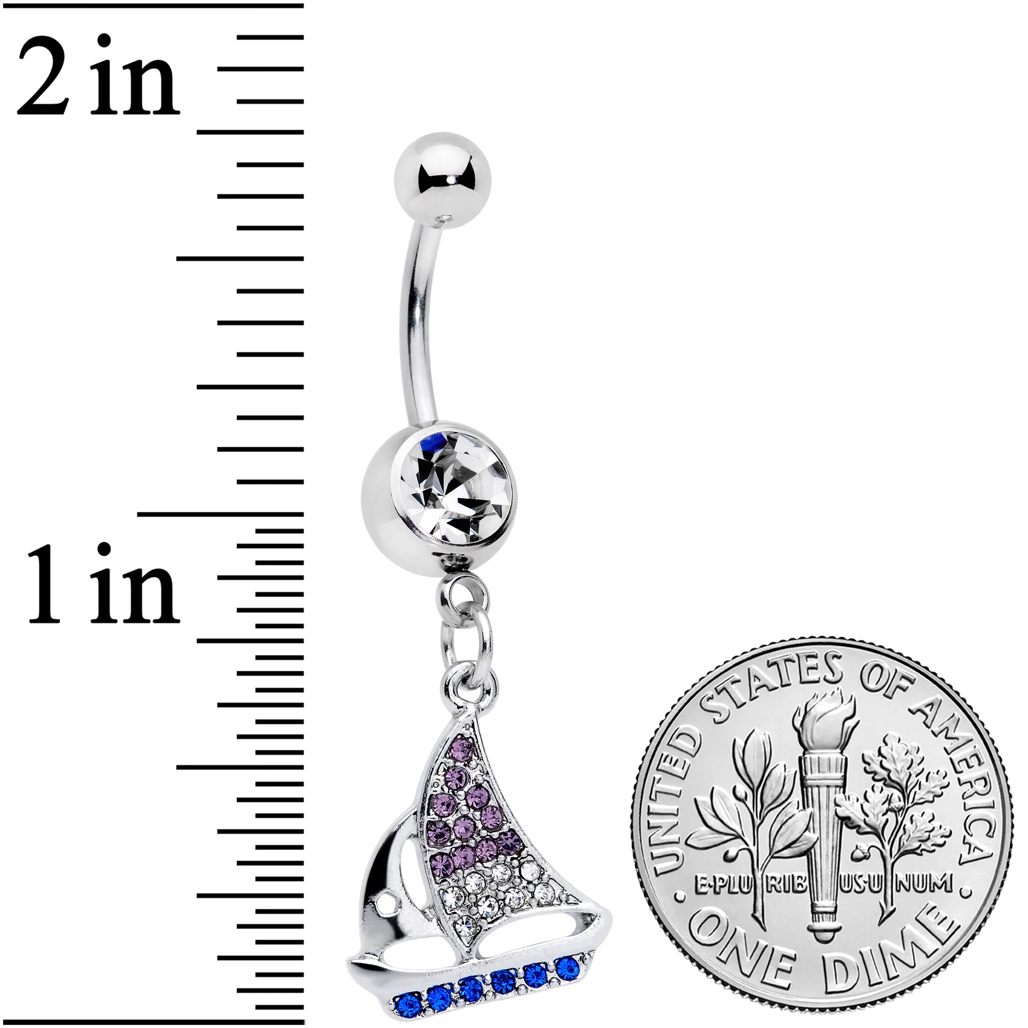 Clear Blue Purple Gem Sailboat Dangle Belly Ring - Image 2