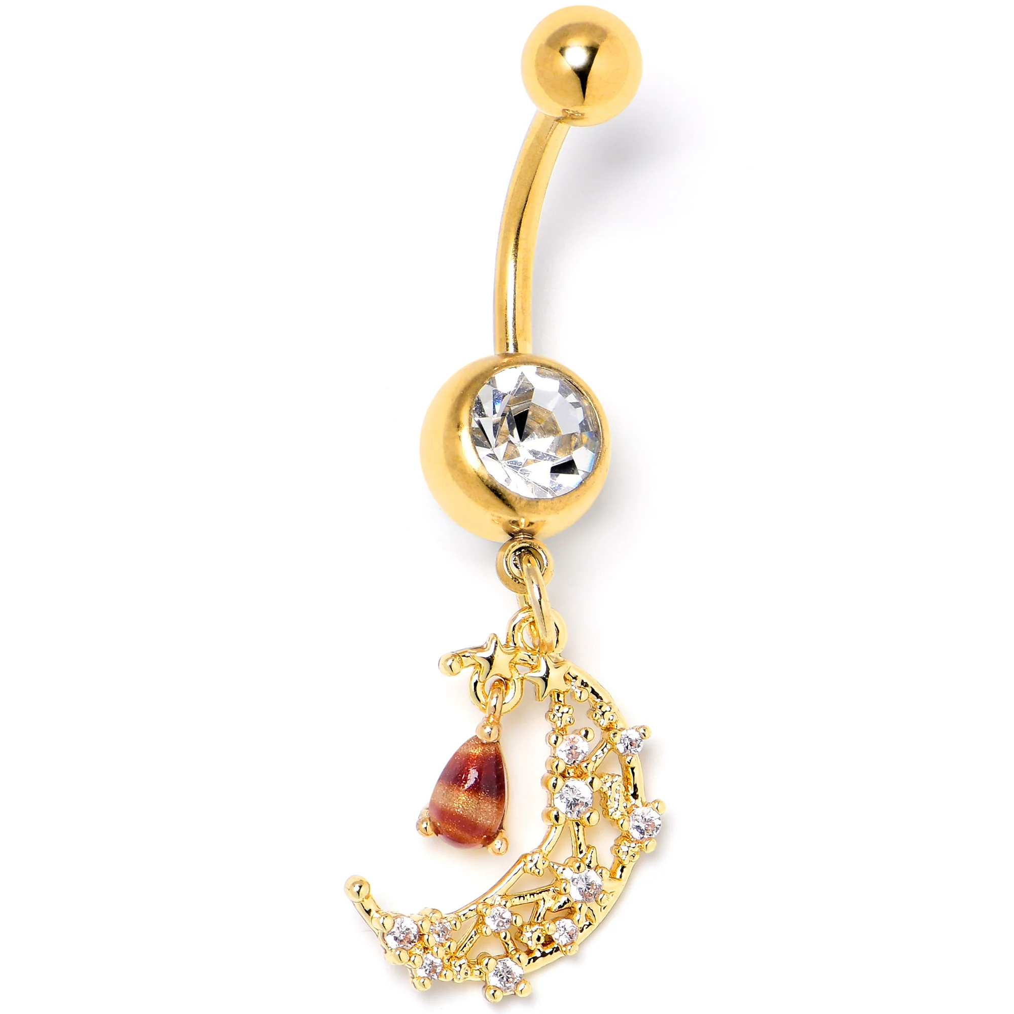 Clear Brown Gem Gold Tone Constellation Moon Dangle Belly Ring - Image 3