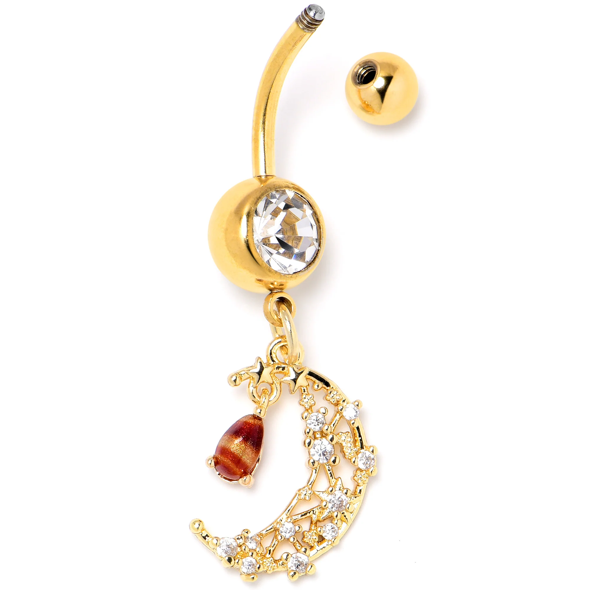 Clear Brown Gem Gold Tone Constellation Moon Dangle Belly Ring - Image 4