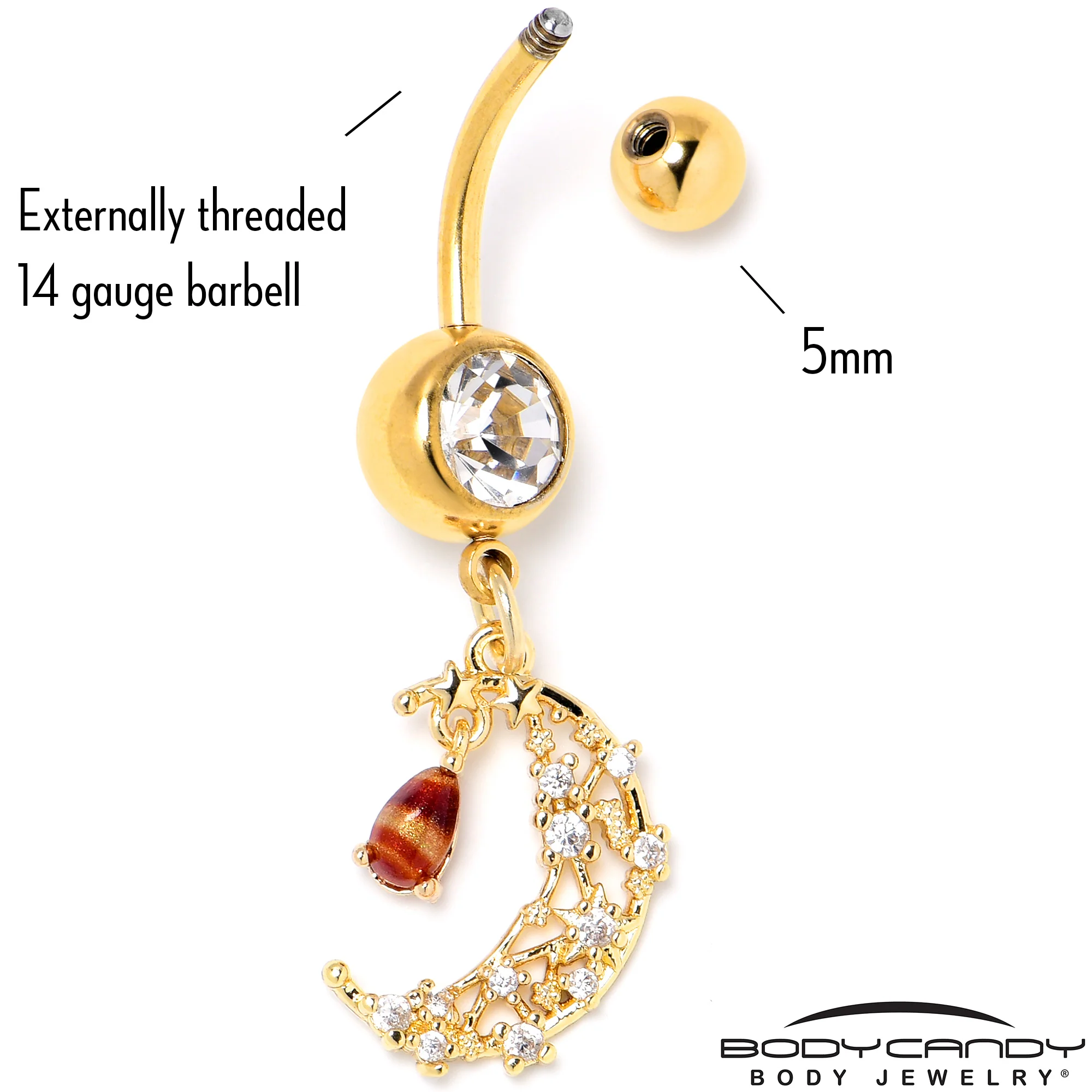 Clear Brown Gem Gold Tone Constellation Moon Dangle Belly Ring - Image 5