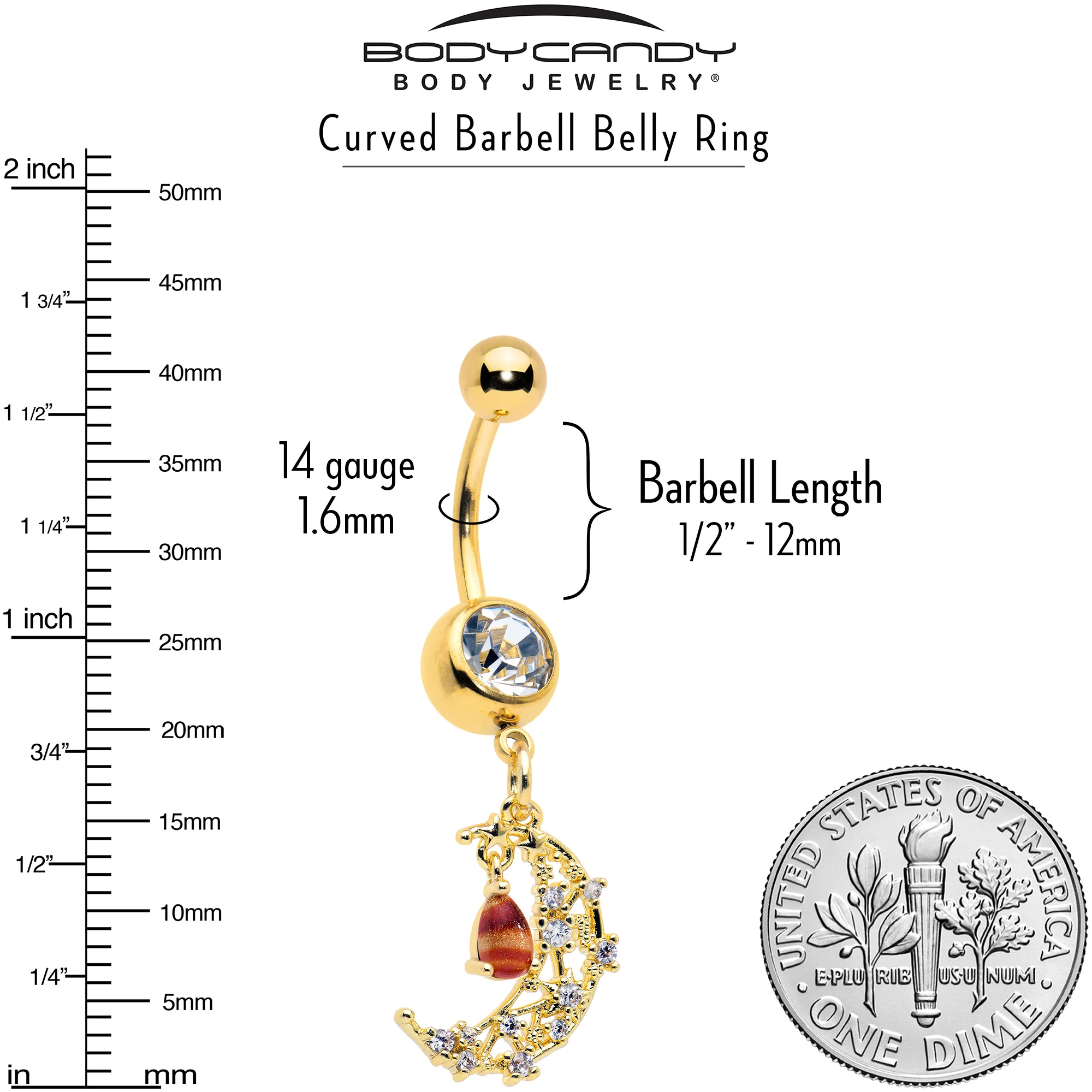 Clear Brown Gem Gold Tone Constellation Moon Dangle Belly Ring - Image 6