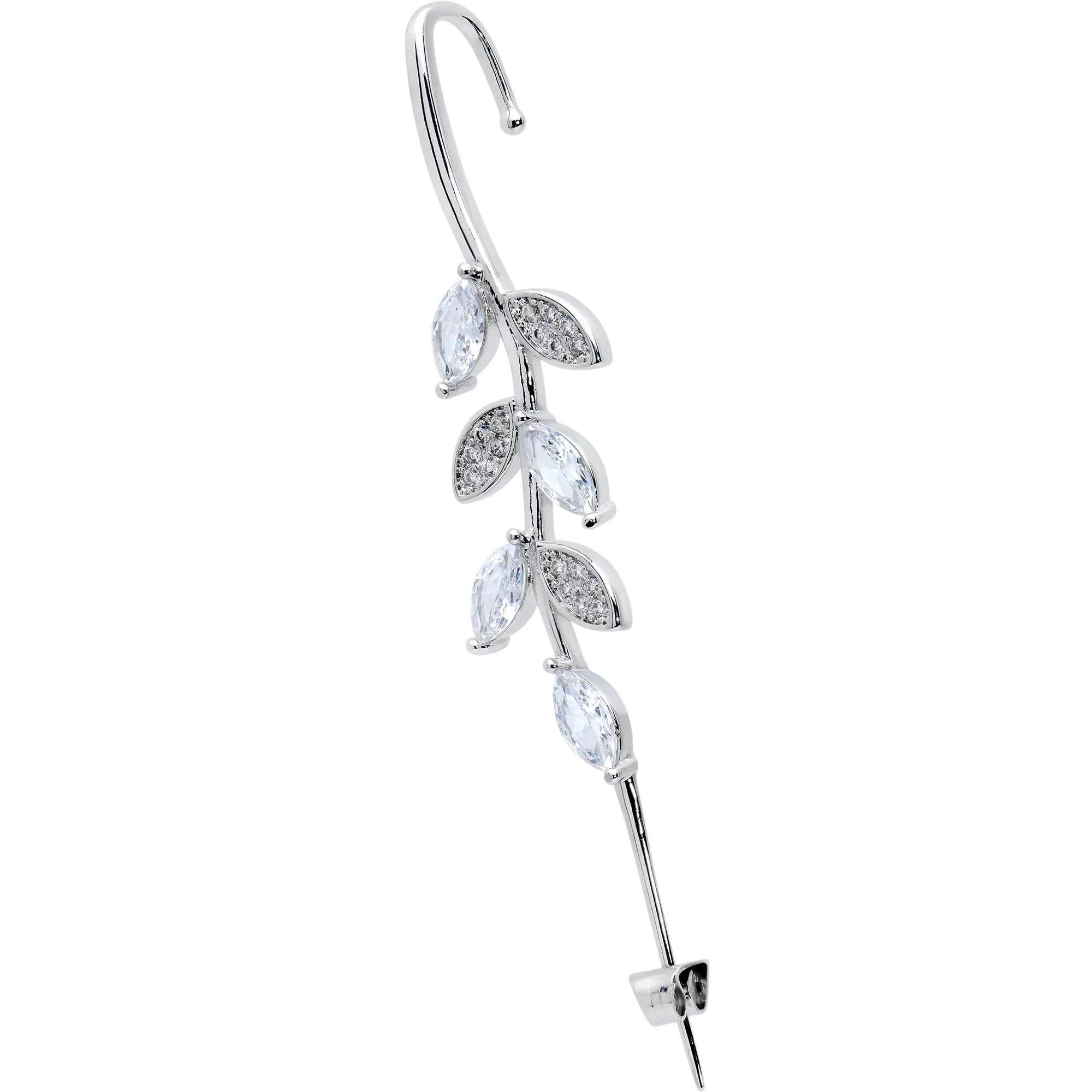 Clear CZ Gem Alternating Style Leafy Vine Ear Cuff Bar Earring - Image 2