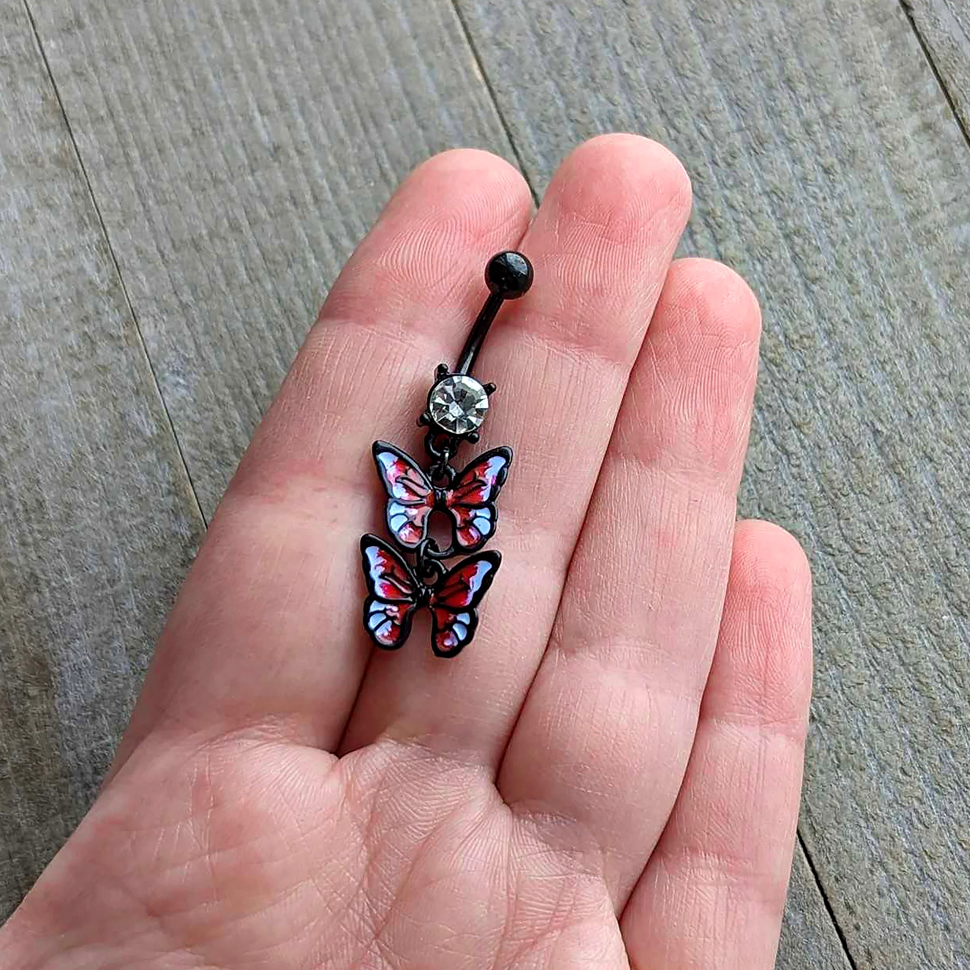 Clear CZ Gem Black Butterfly Duo Red Dangle Belly Ring - Image 2