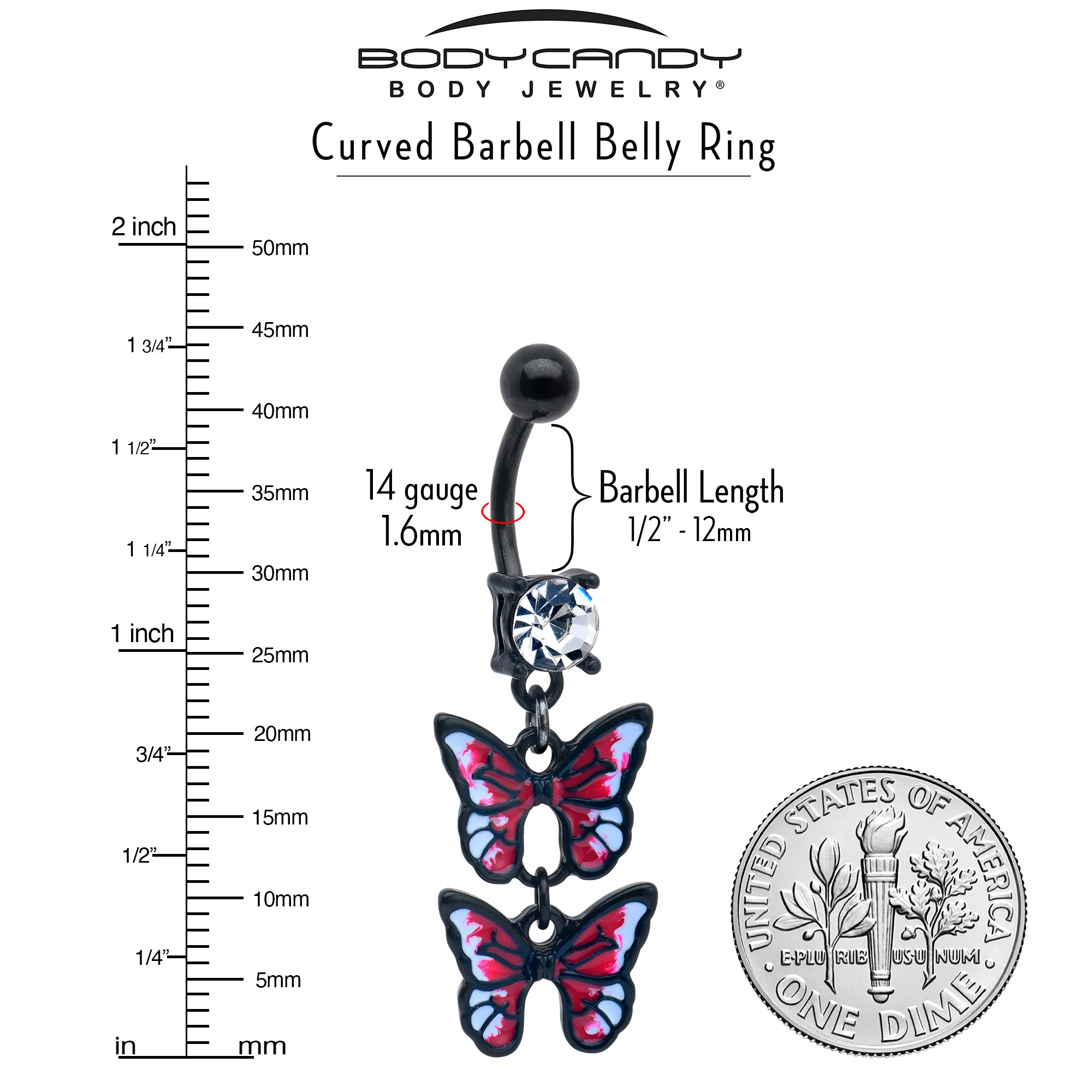 Clear CZ Gem Black Butterfly Duo Red Dangle Belly Ring - Image 3