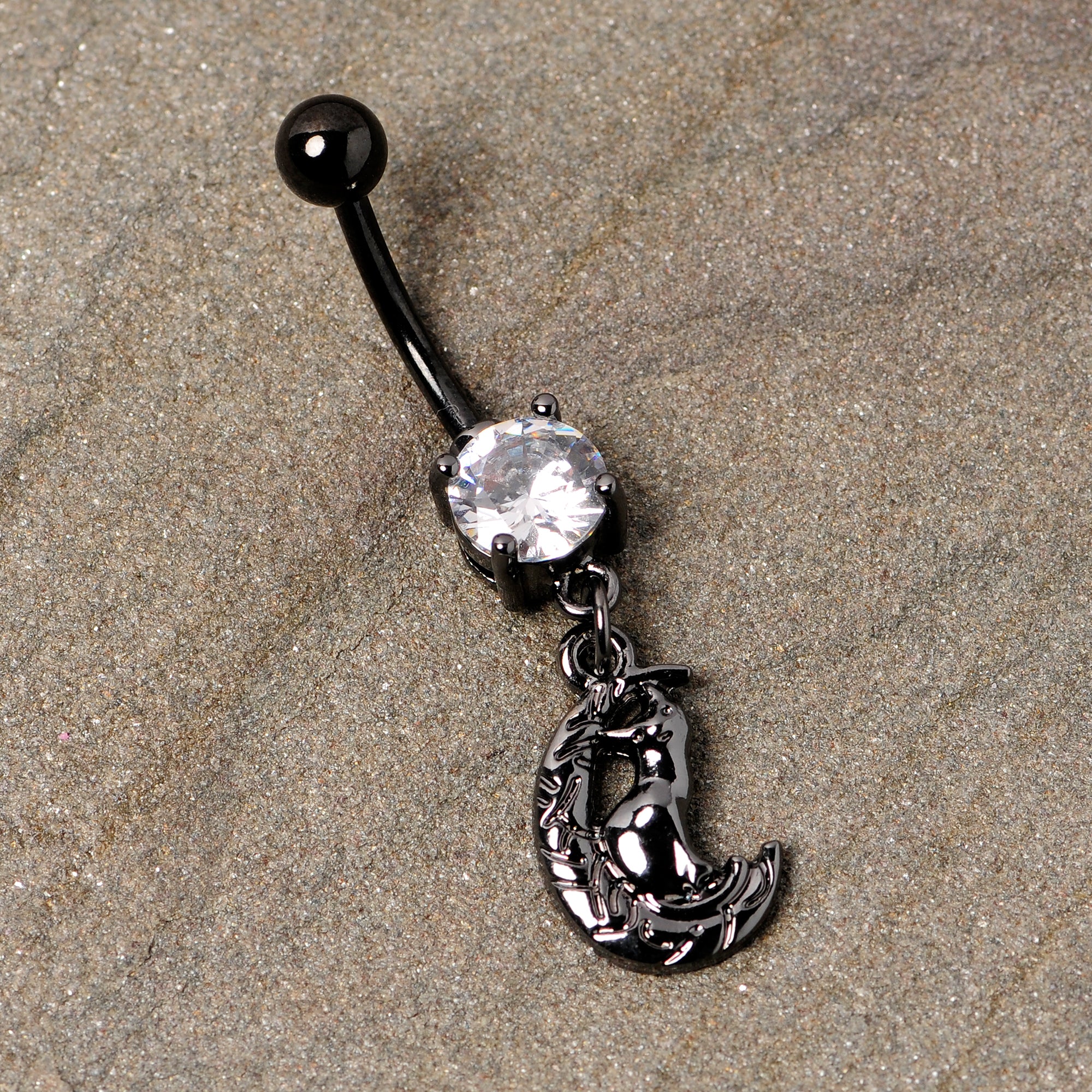 Clear CZ Gem Black Cat Moon Halloween Dangle Belly Ring - Image 2