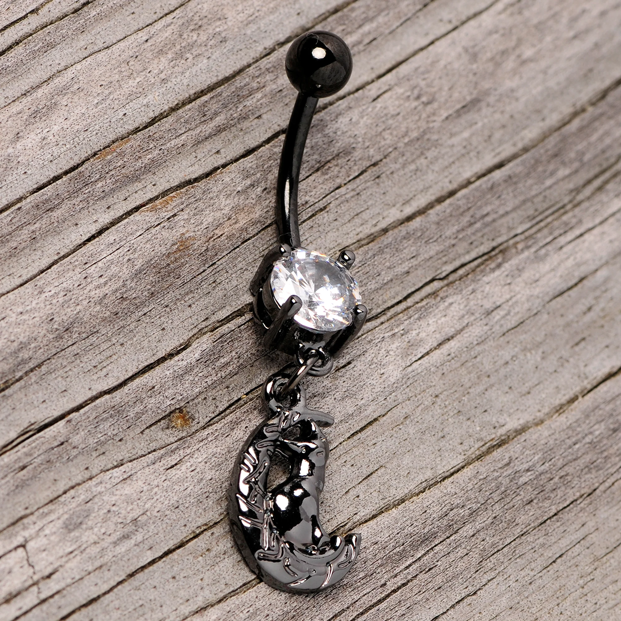 Clear CZ Gem Black Cat Moon Halloween Dangle Belly Ring - Image 3