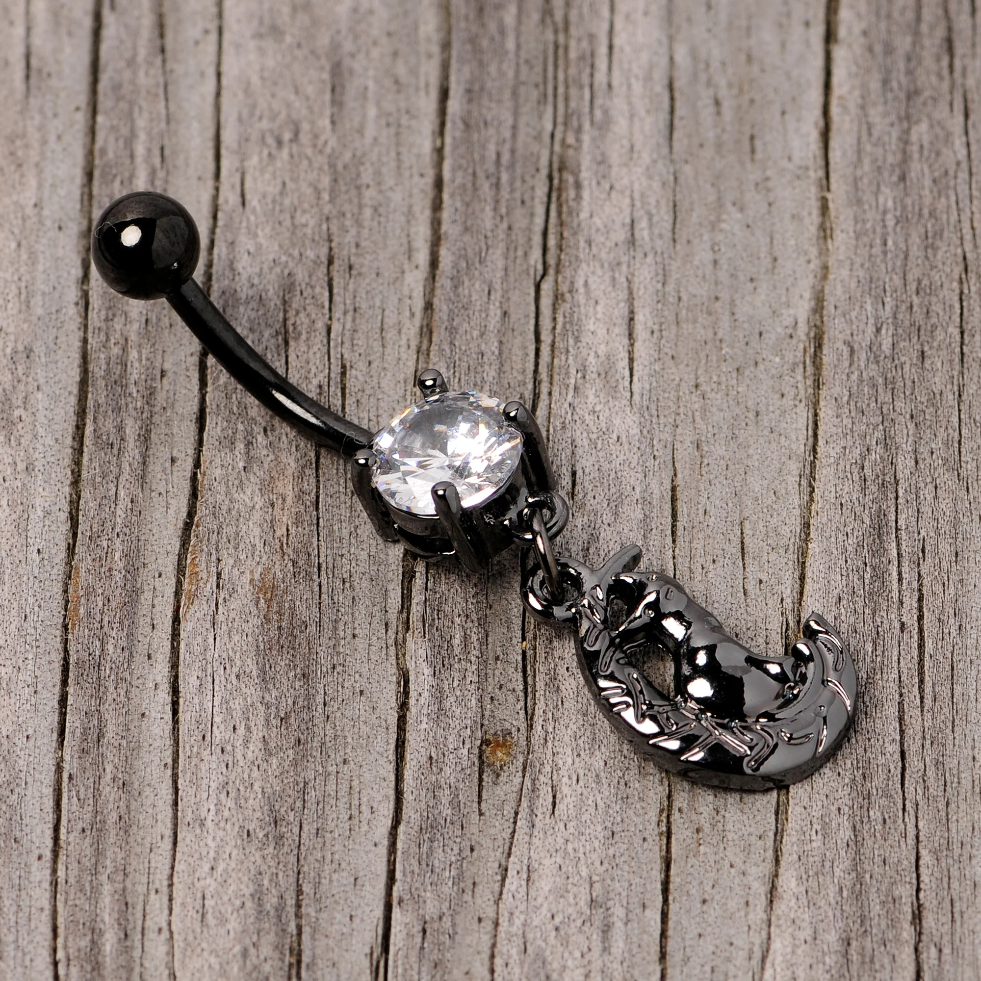 Clear CZ Gem Black Cat Moon Halloween Dangle Belly Ring - Image 4