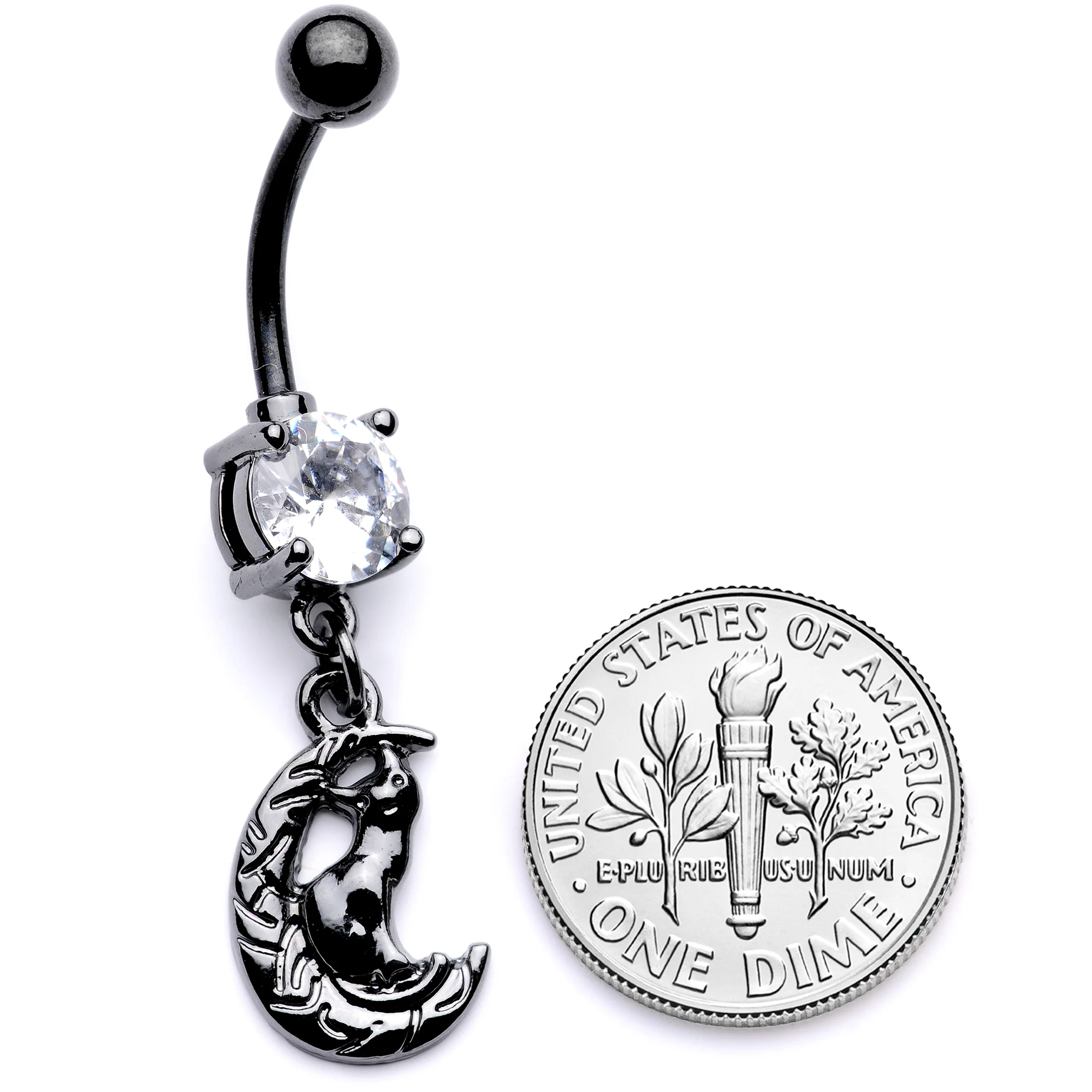 Clear CZ Gem Black Cat Moon Halloween Dangle Belly Ring - Image 5