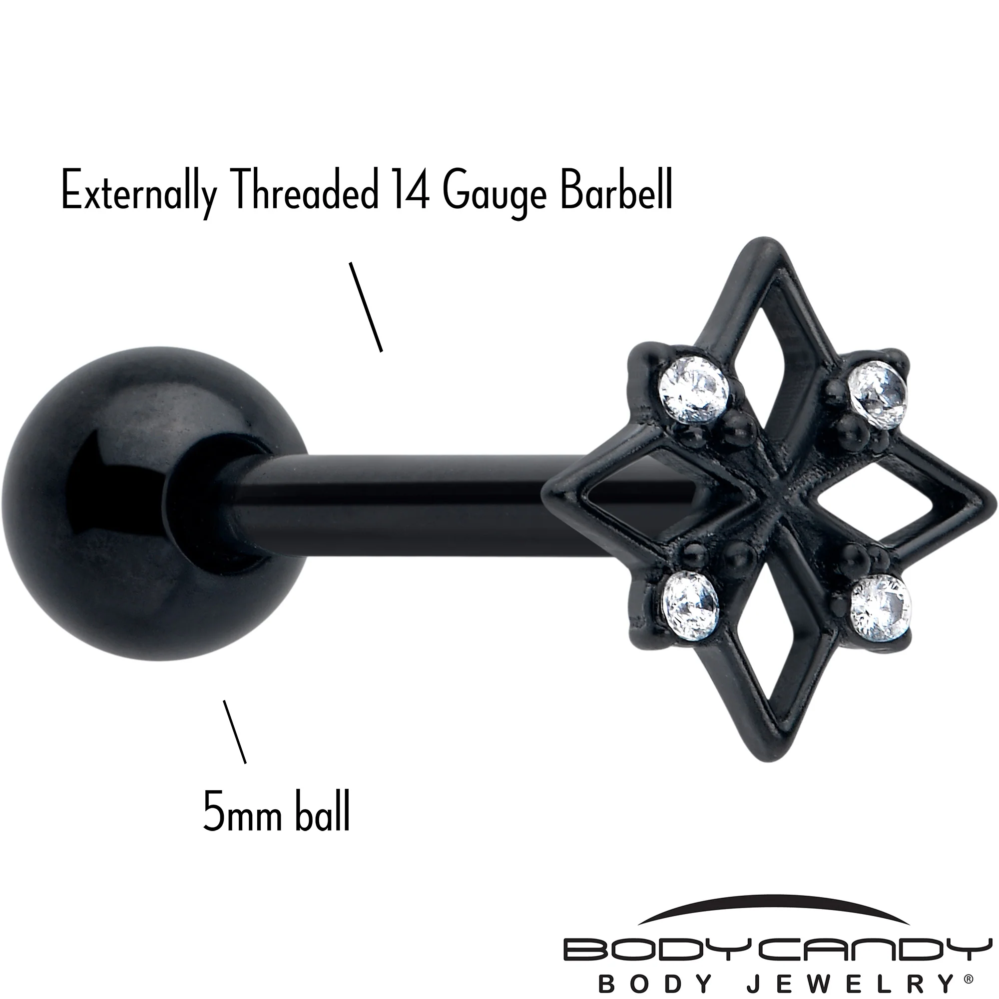 Clear CZ Gem Black Gothic Star Barbell Tongue Ring - Image 2