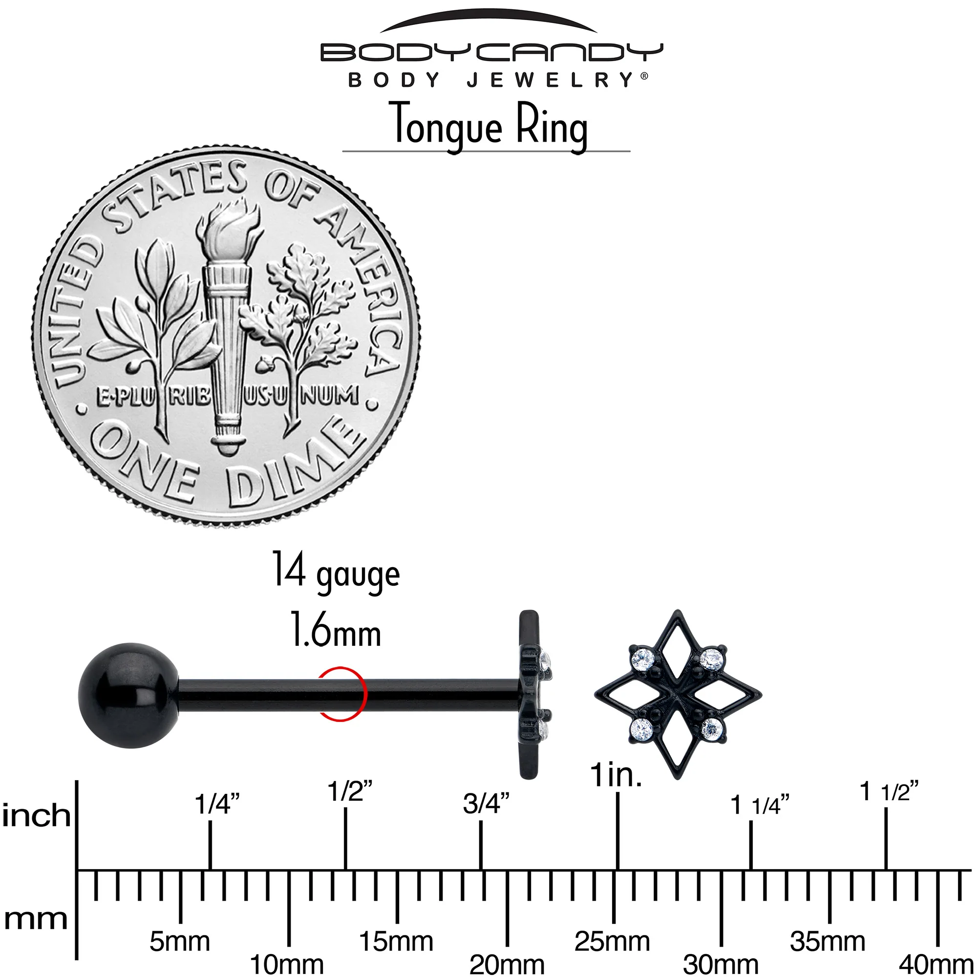 Clear CZ Gem Black Gothic Star Barbell Tongue Ring - Image 5
