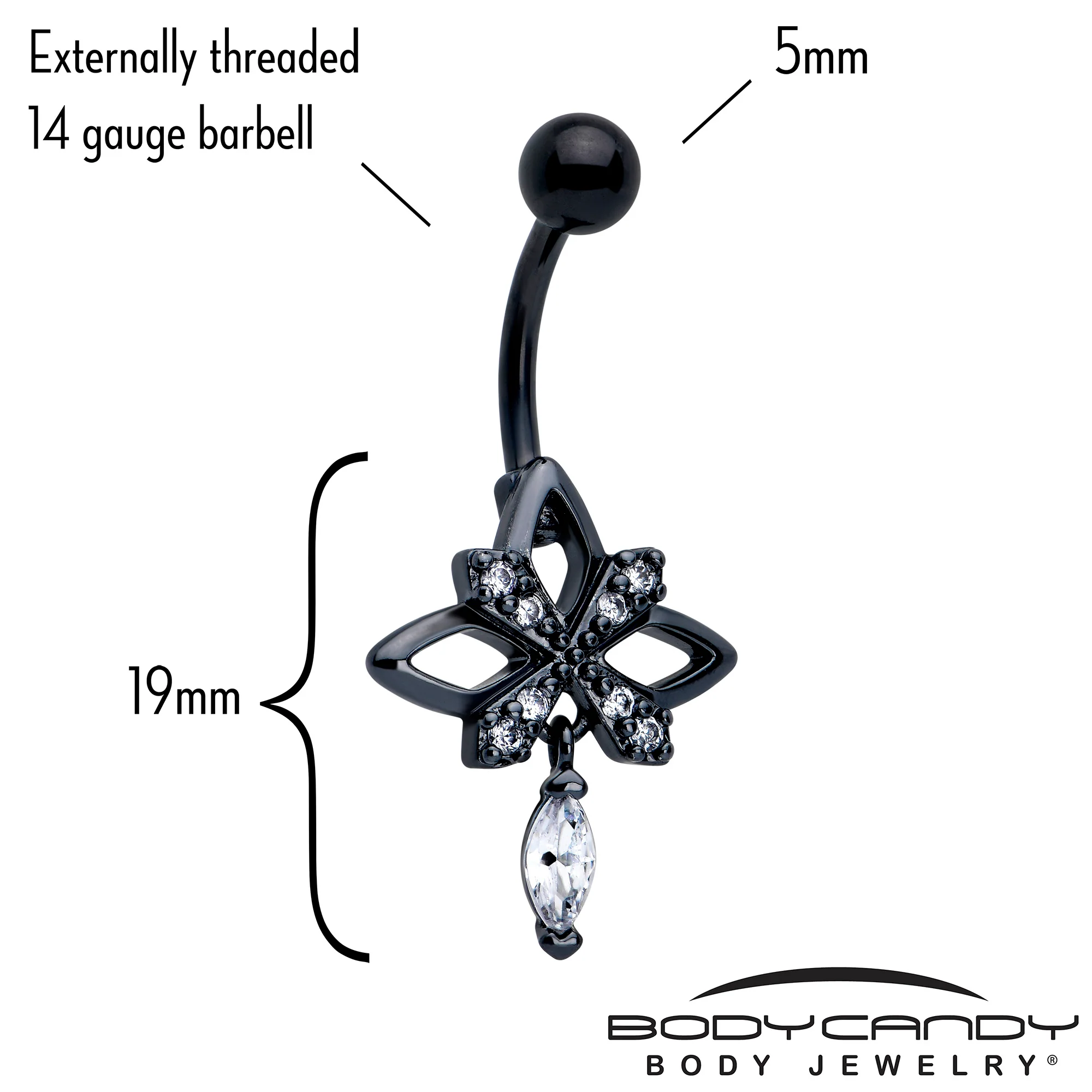 Clear CZ Gem Black Gothic Star Dangle Belly Ring - Image 2