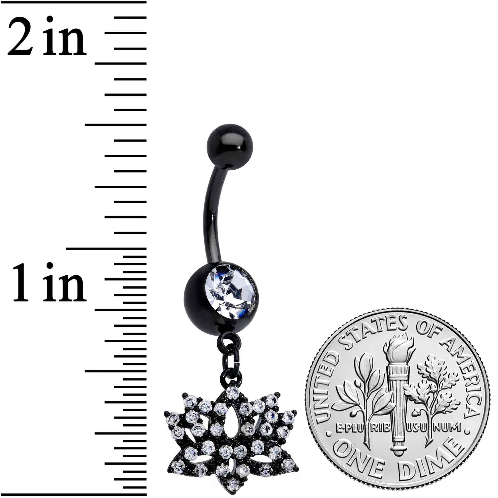 Clear CZ Gem Black Lotus Flower Dangle Belly Ring - Image 2