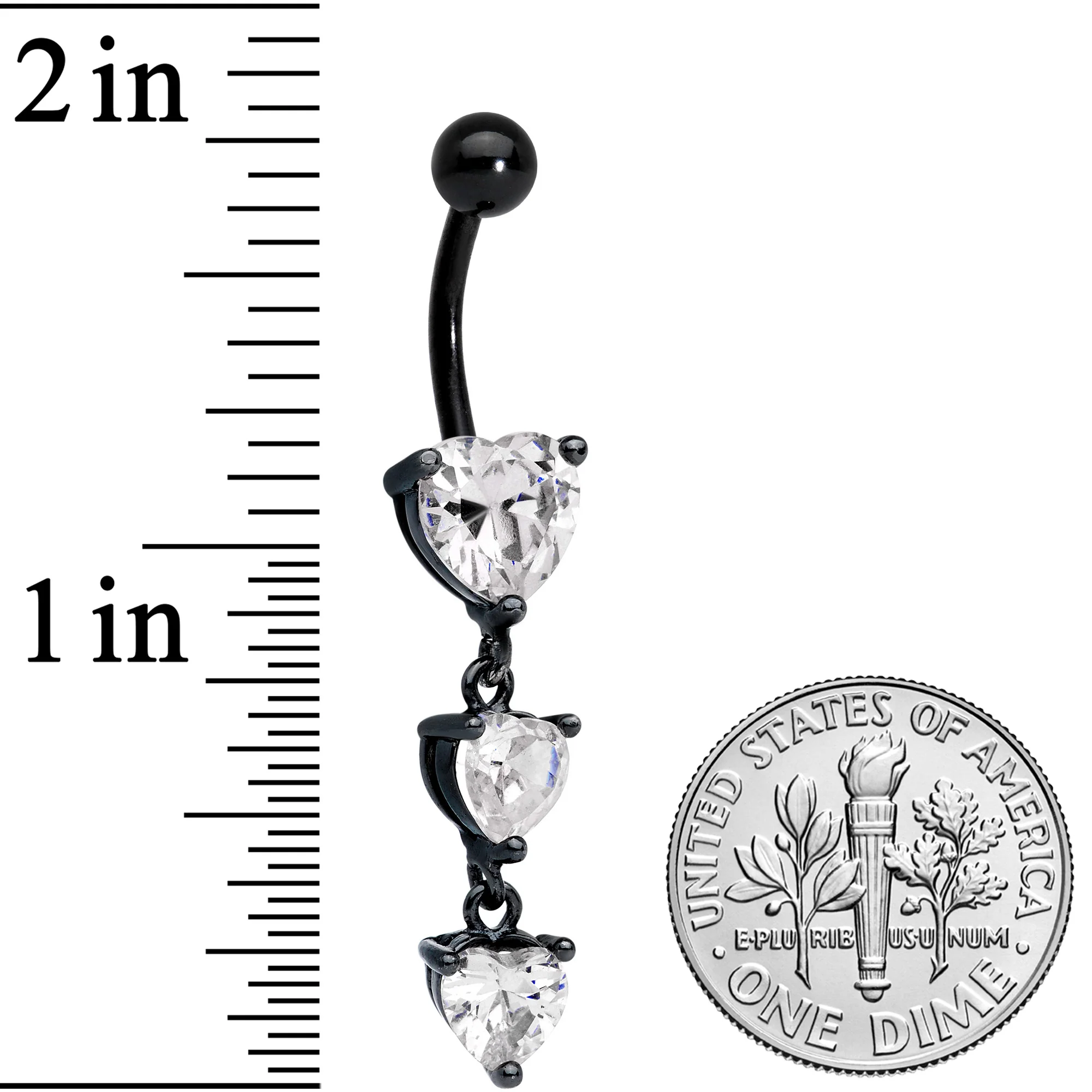 Clear CZ Gem Black Triple Heart Dangle Belly Ring - Image 3