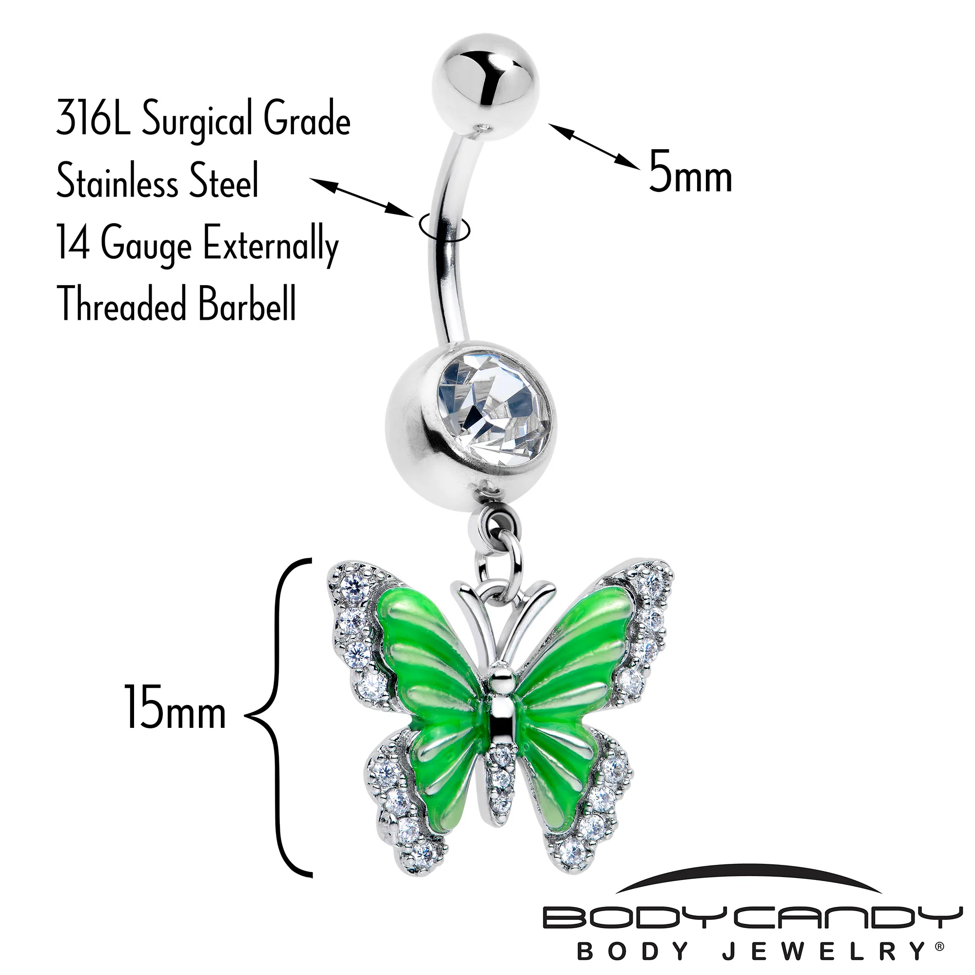 Clear CZ Gem Butterfly Green Dangle Belly Ring - Image 2