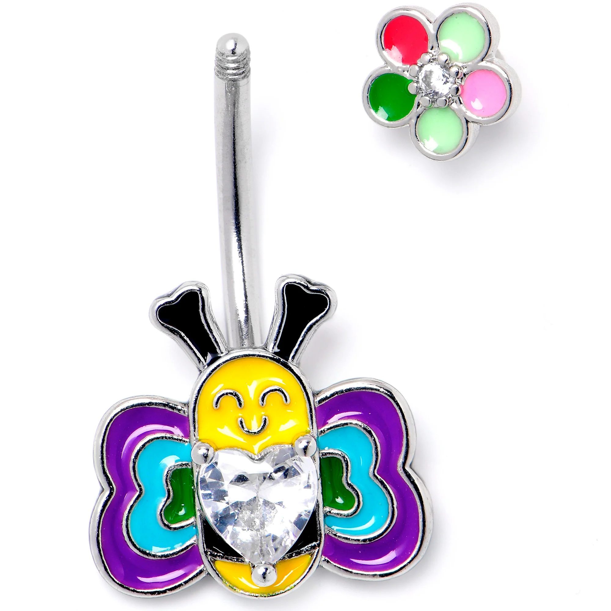 Clear CZ Gem Butterfly Love Bug Heart Flower Double Mount Belly Ring - Image 2