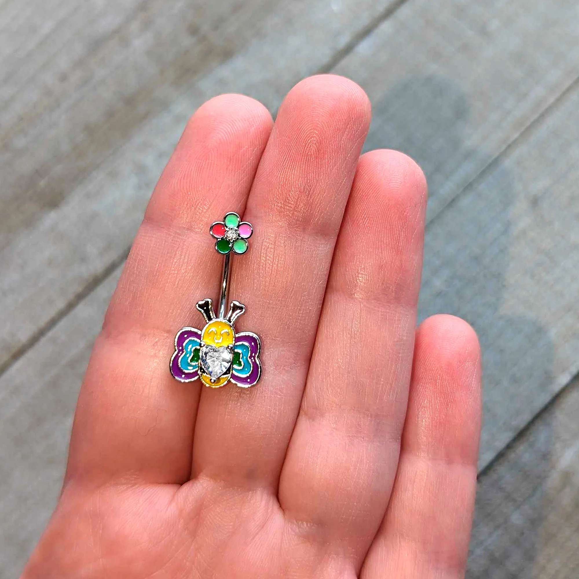 Clear CZ Gem Butterfly Love Bug Heart Flower Double Mount Belly Ring - Image 3
