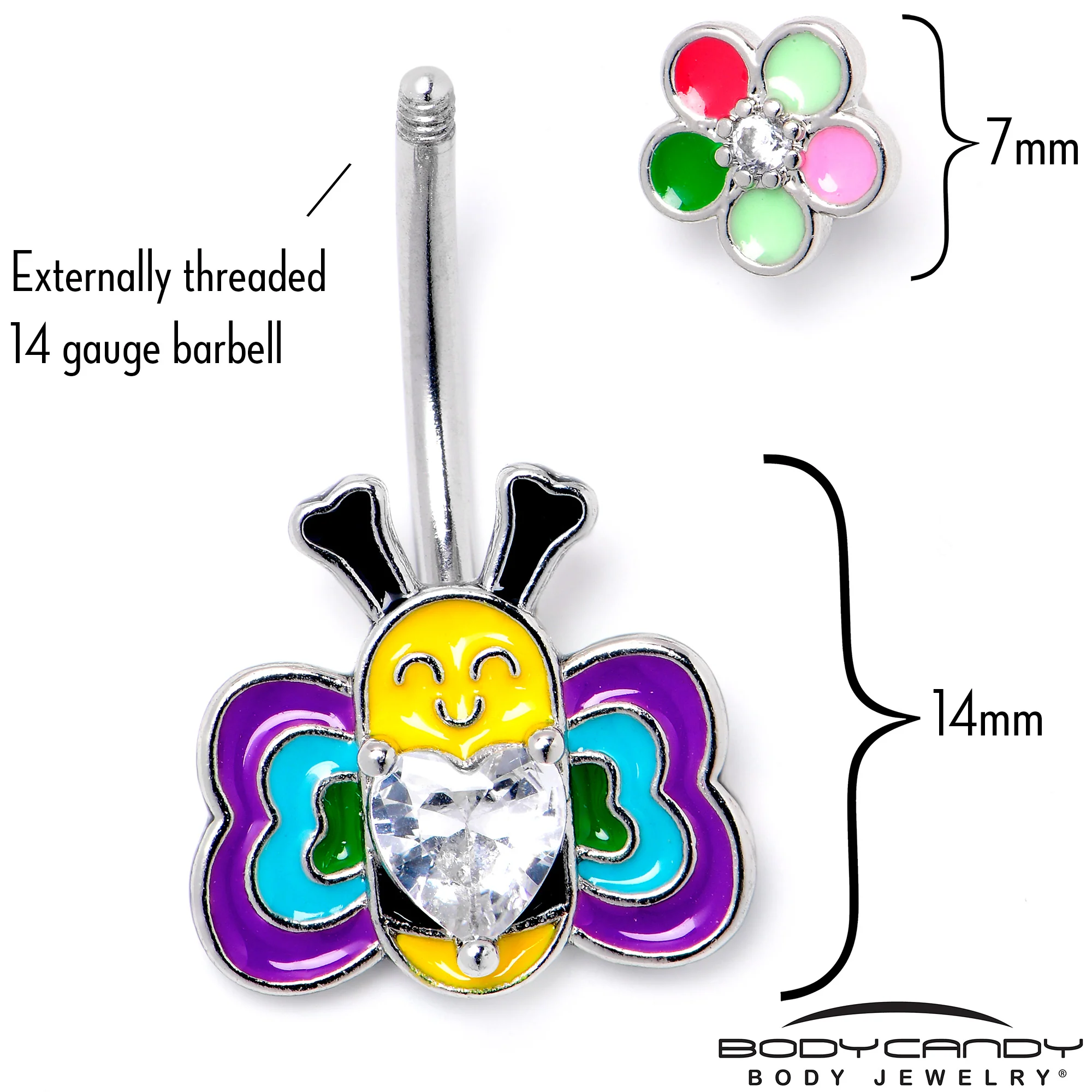 Clear CZ Gem Butterfly Love Bug Heart Flower Double Mount Belly Ring - Image 4