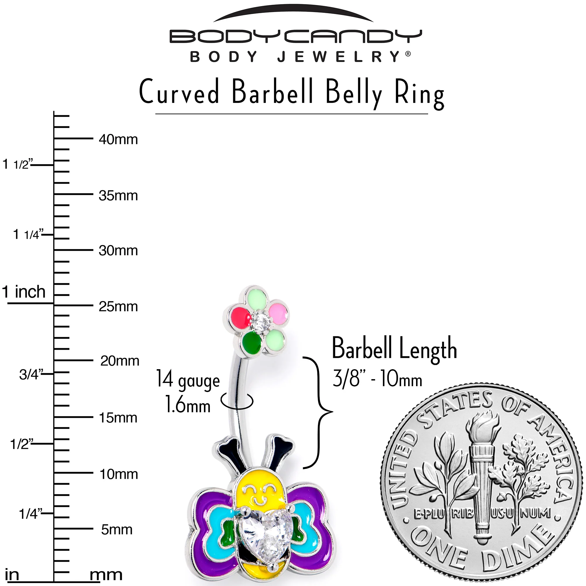Clear CZ Gem Butterfly Love Bug Heart Flower Double Mount Belly Ring - Image 5