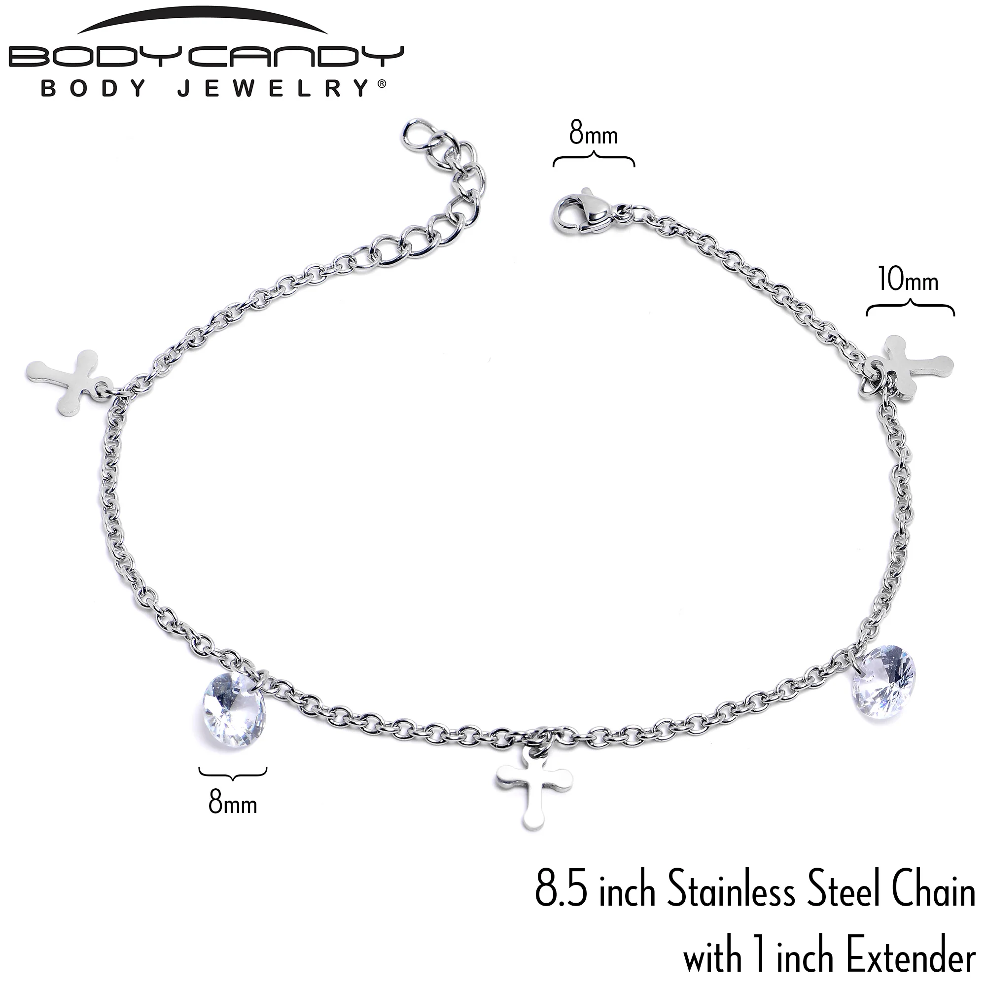 Clear CZ Gem Cross Dangle Steel Ankle Bracelet - Image 3