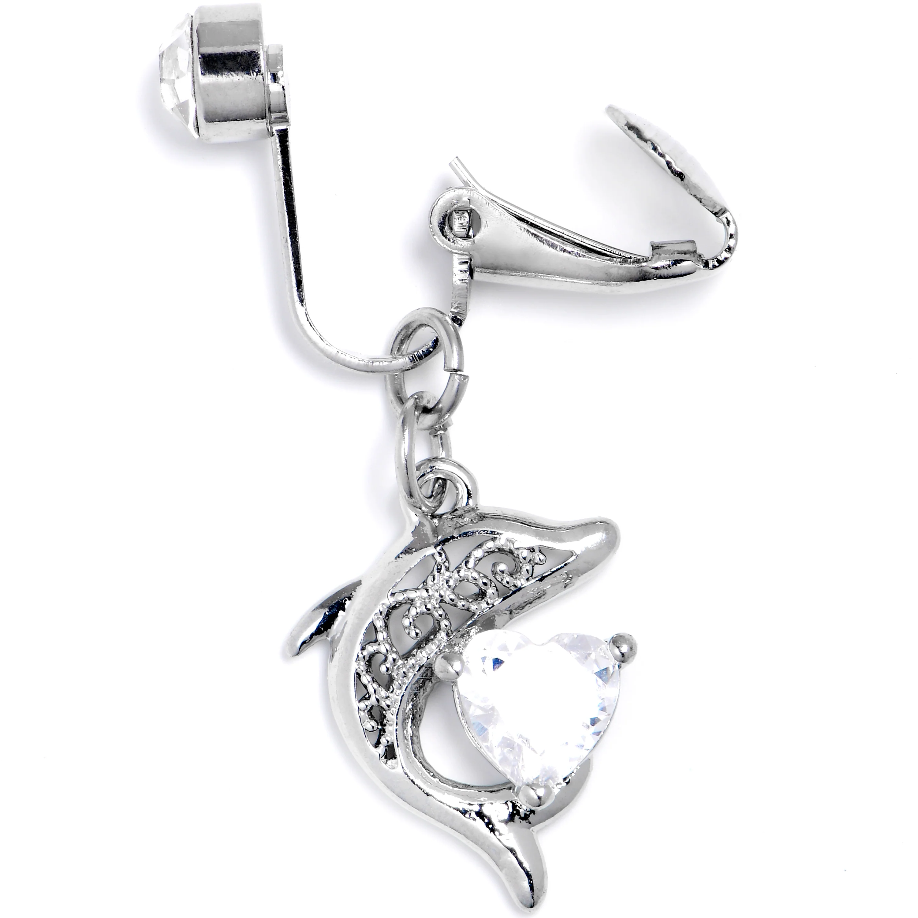 Clear CZ Gem Dolphin Glam Dangle Clip on Fake Belly Ring - Image 2