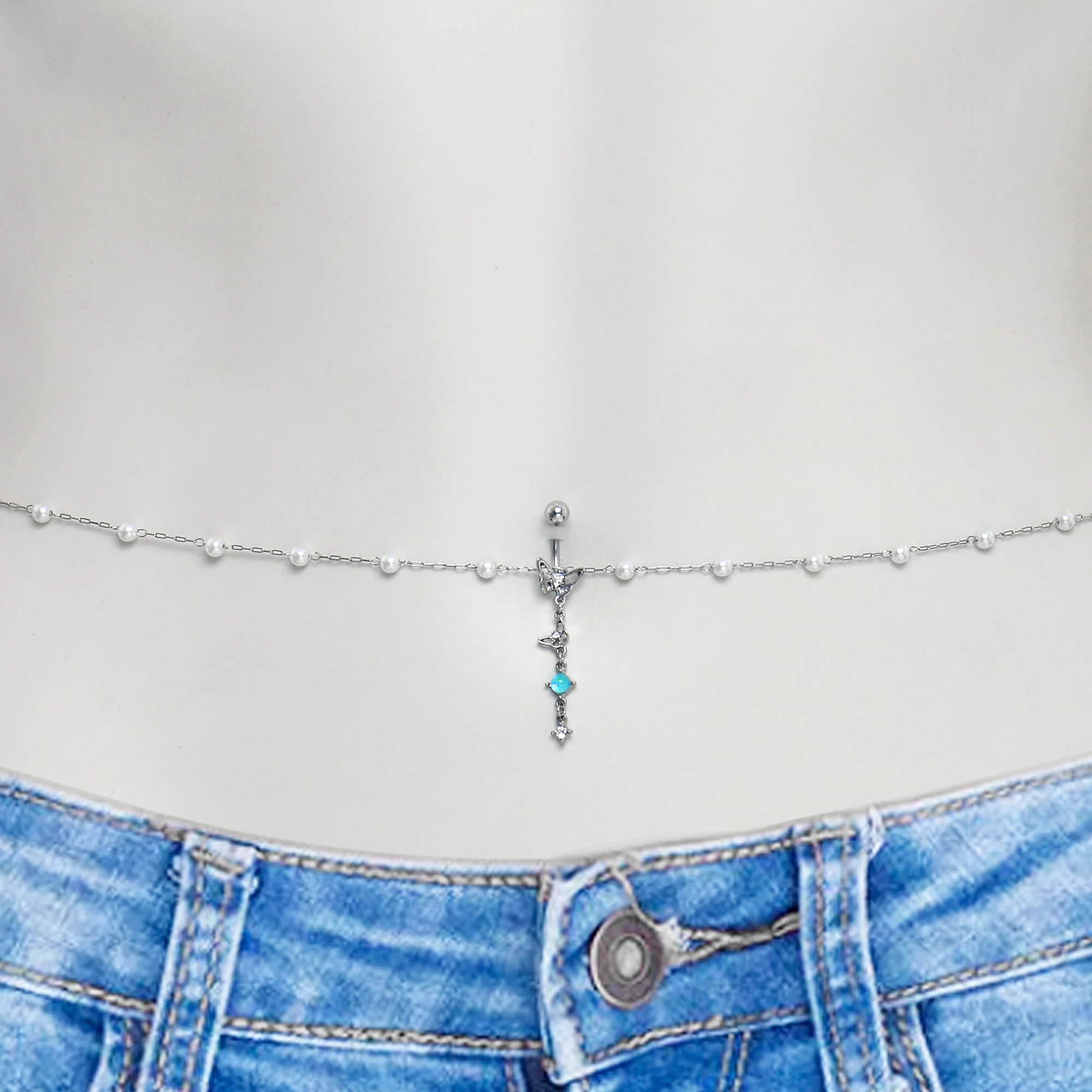 Clear CZ Gem Double Butterfly Faux Pearl Dangle Belly Chain Belly Ring - Image 2