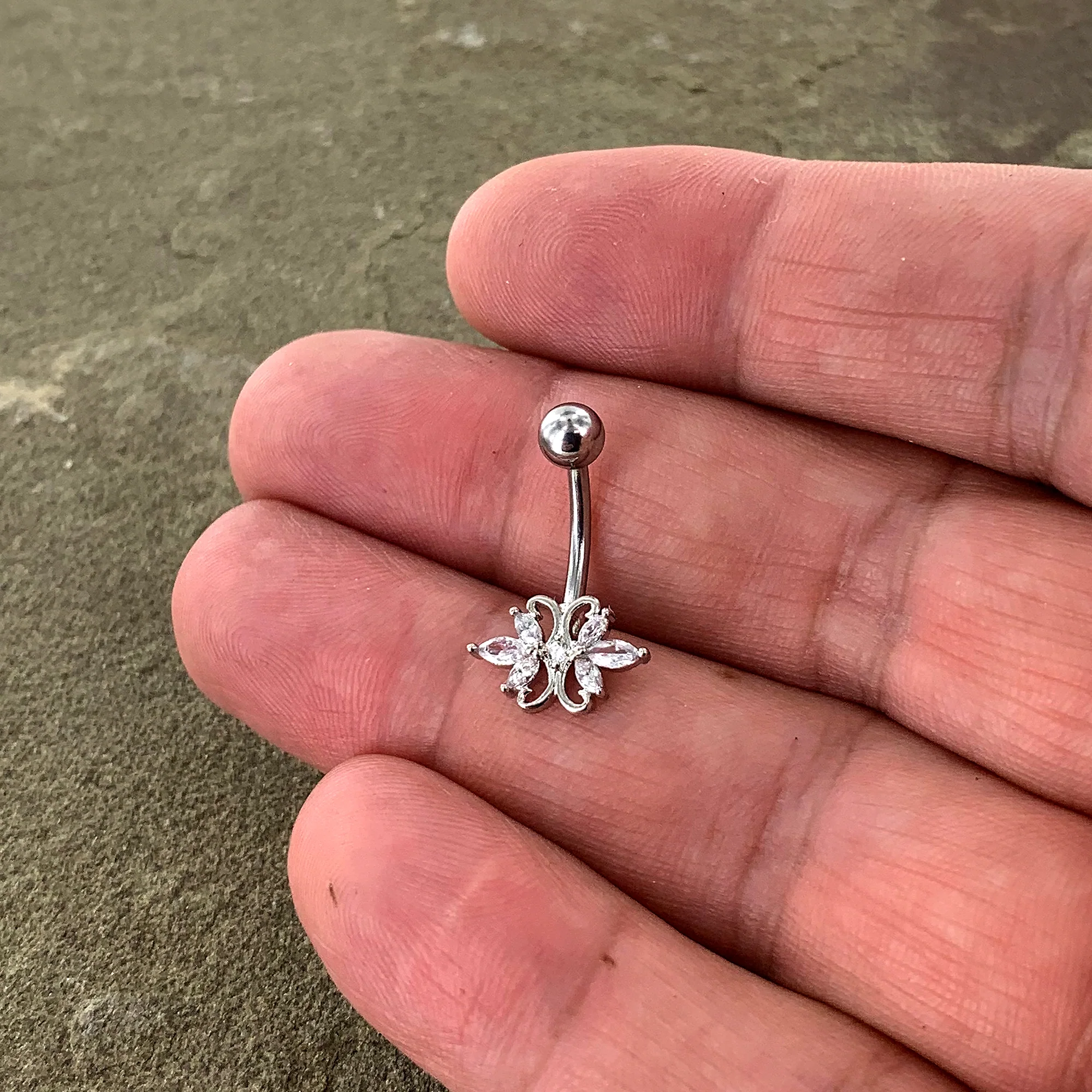 Clear CZ Gem Elegant Double Heart Baroque Belly Ring - Image 5