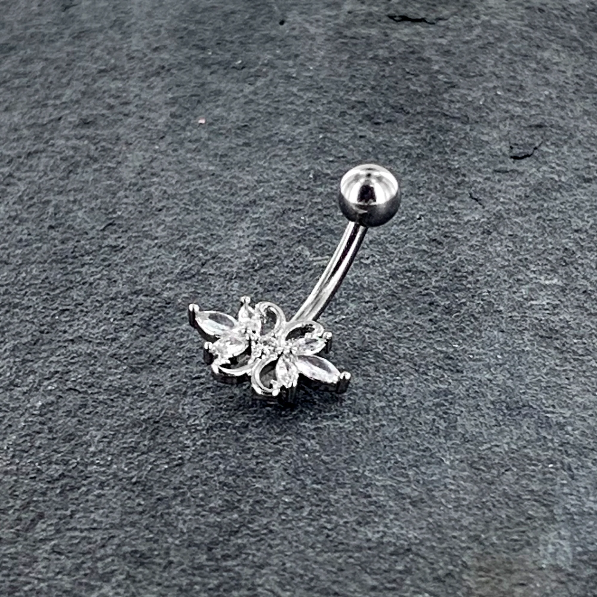 Clear CZ Gem Elegant Double Heart Baroque Belly Ring - Image 6