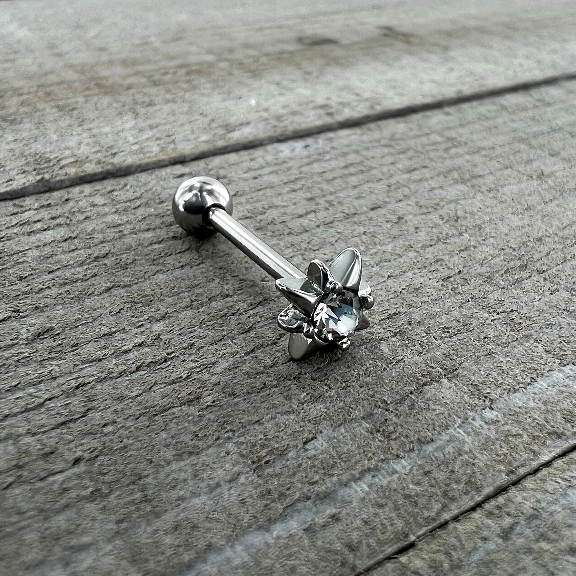 Clear CZ Gem Evening Star Barbell Tongue Ring - Image 6
