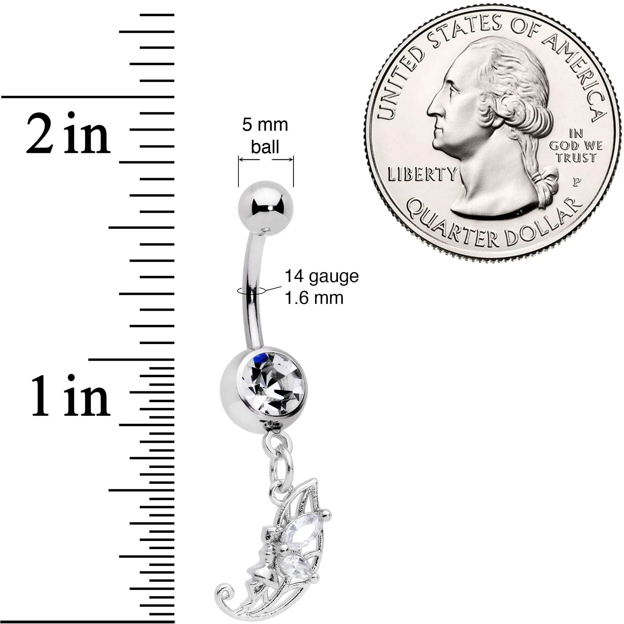 Clear CZ Gem Fairy Leaf Dangle Belly Ring - Image 2