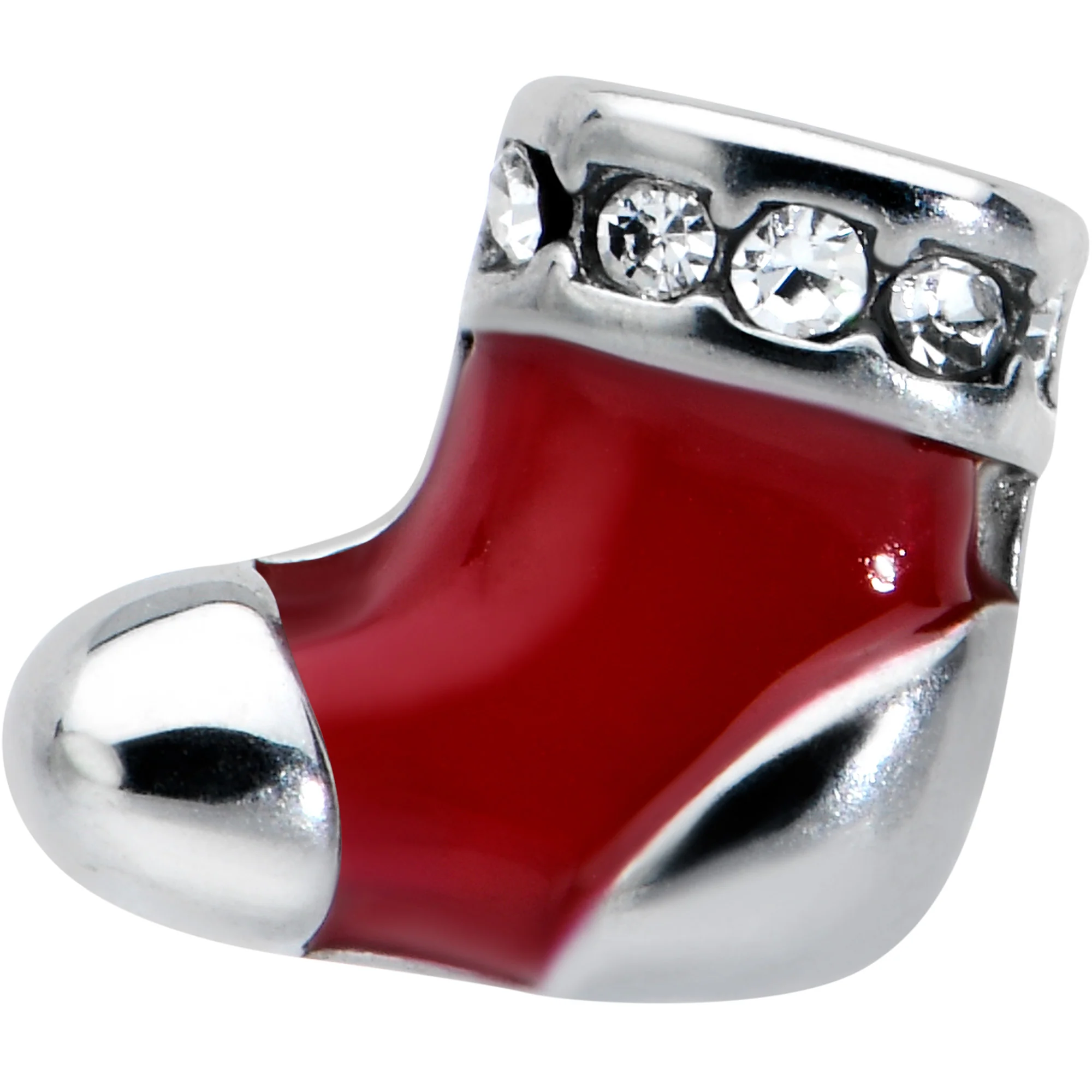 Clear CZ Gem Festive Red Stocking Christmas Barbell Tongue Ring - Image 2