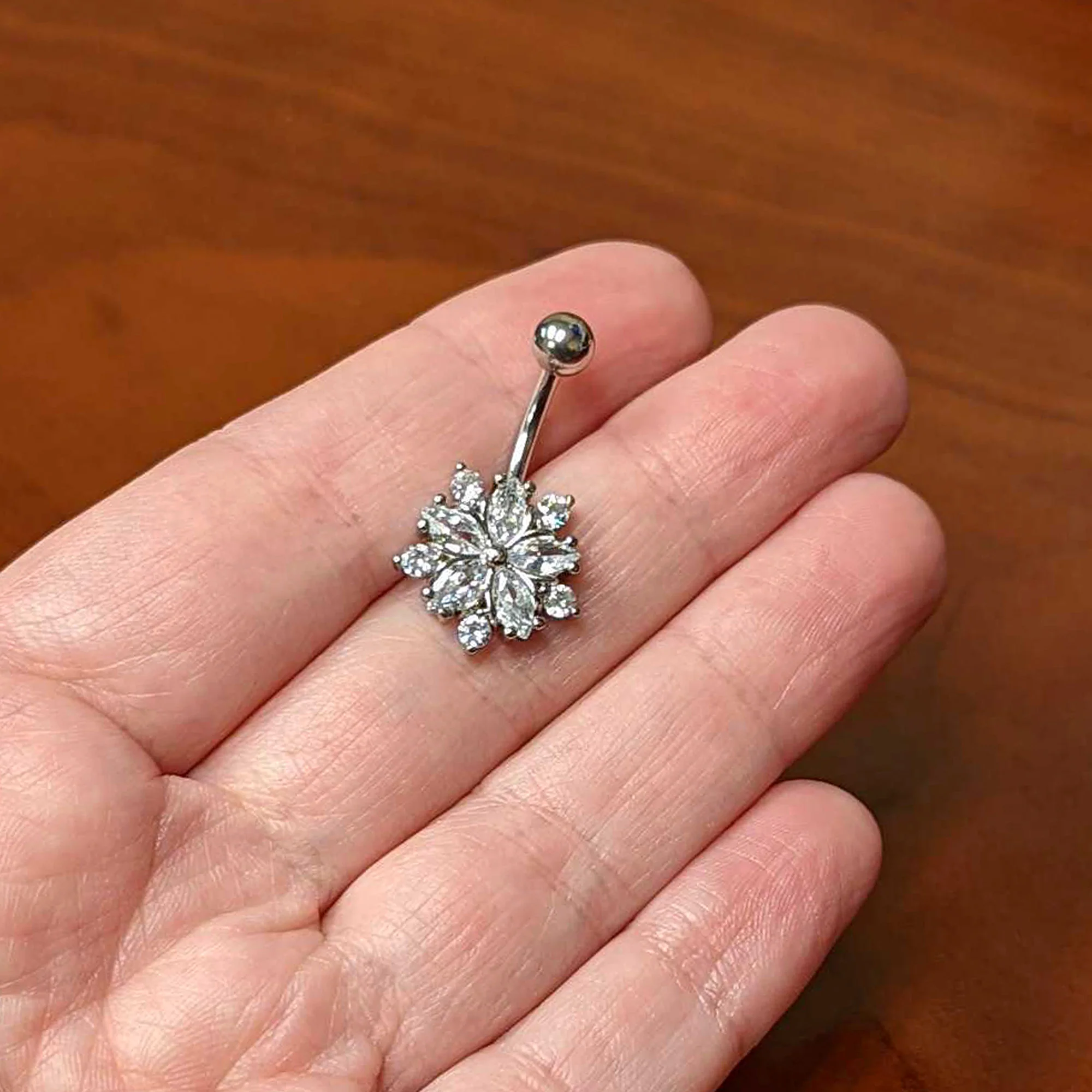 Clear CZ Gem Floral Burst Baroque Belly Ring - Image 3
