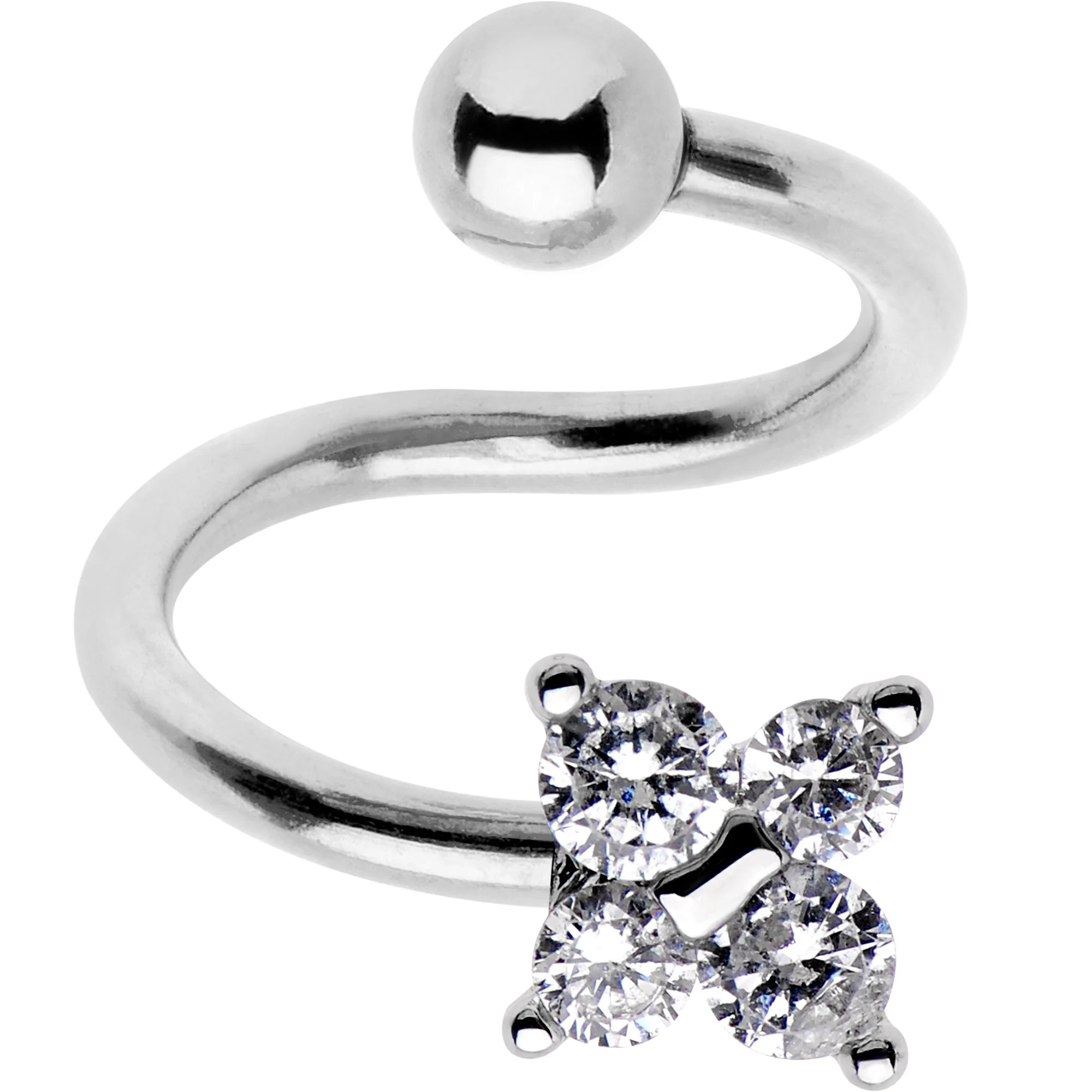 Clear CZ Gem Flower Cluster Spiral Twister Top Mount Belly Ring - Image 2