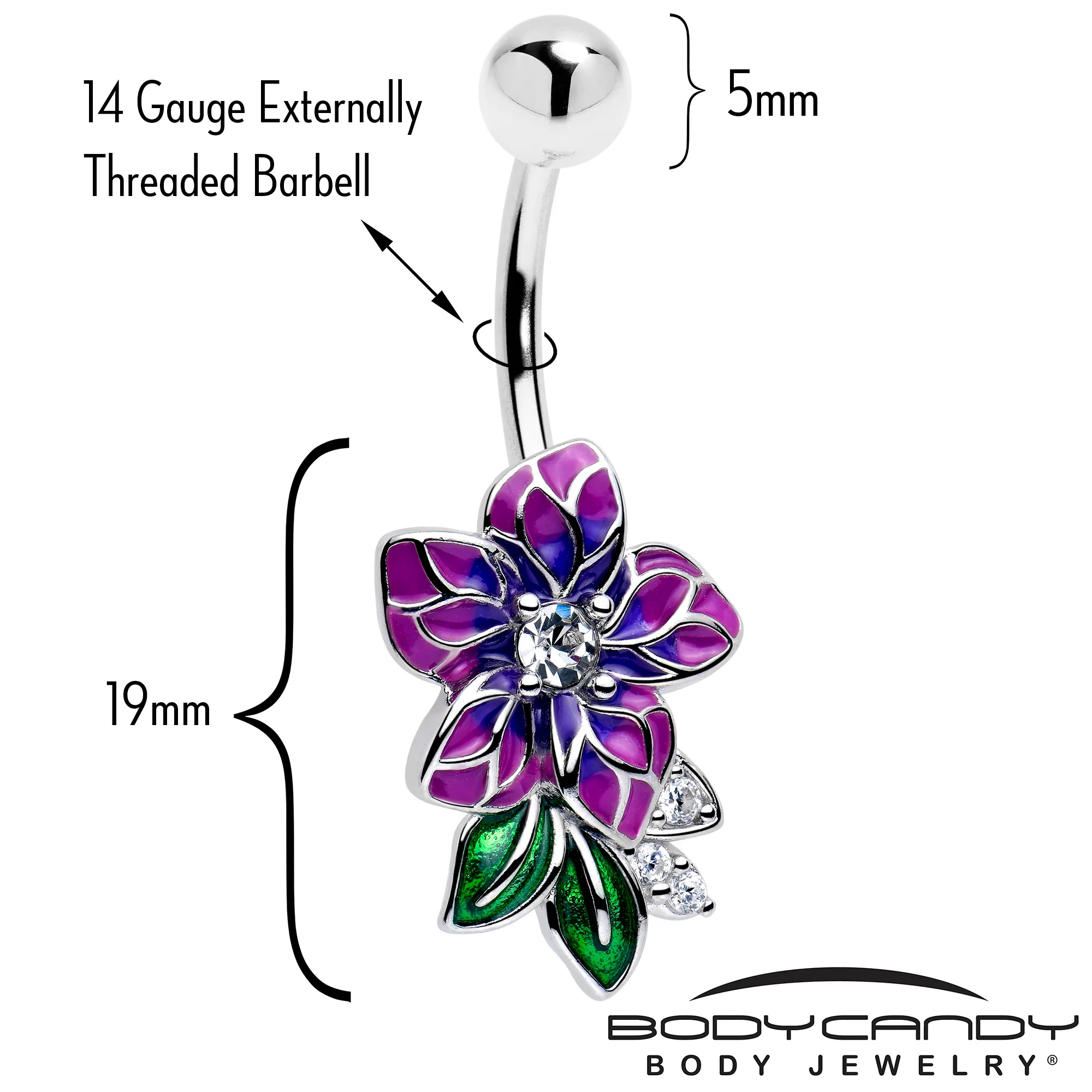 Clear CZ Gem Flower Purple Belly Ring - Image 2